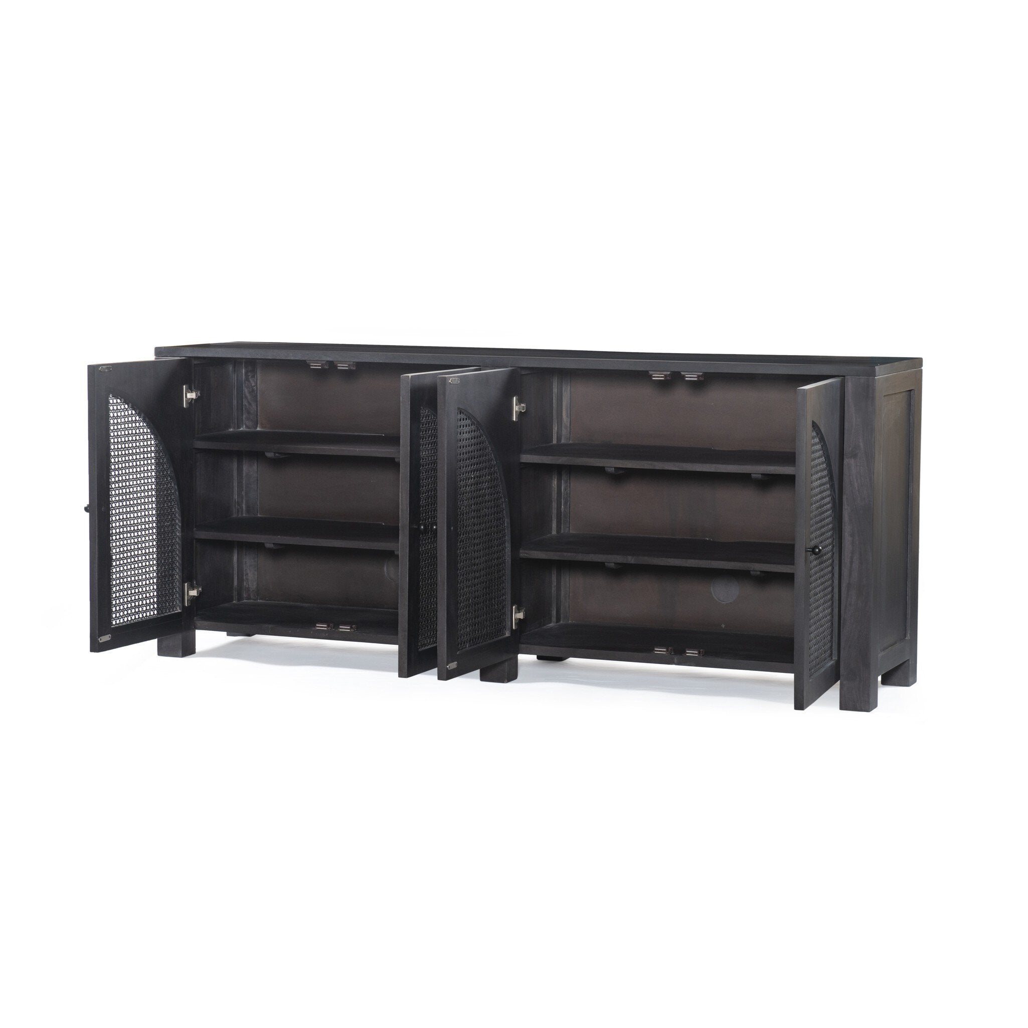 Black-washed mango sideboard with arched cane door panels and black hardware on a white background.