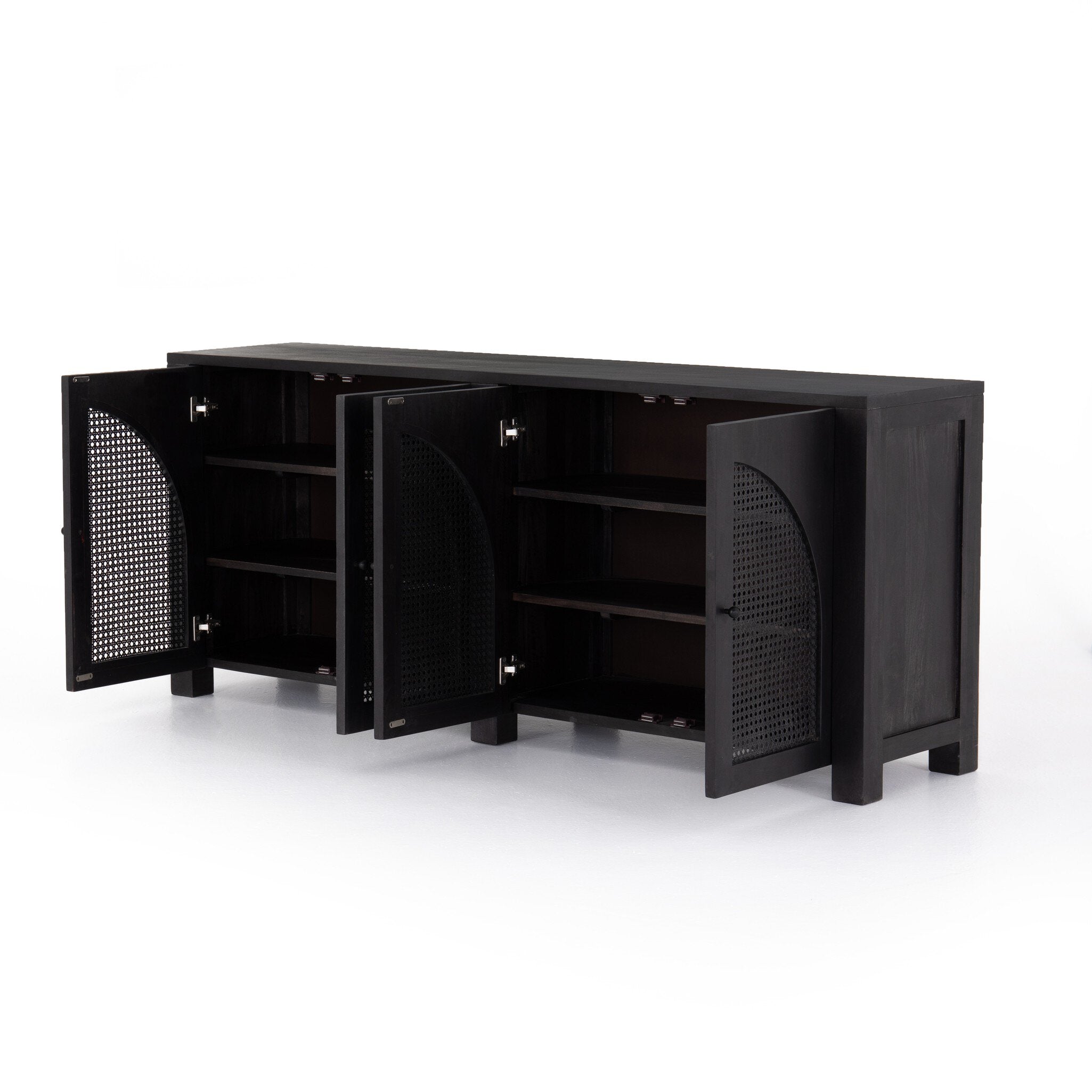 Black-washed mango sideboard with arched cane door panels and black hardware on a white background.