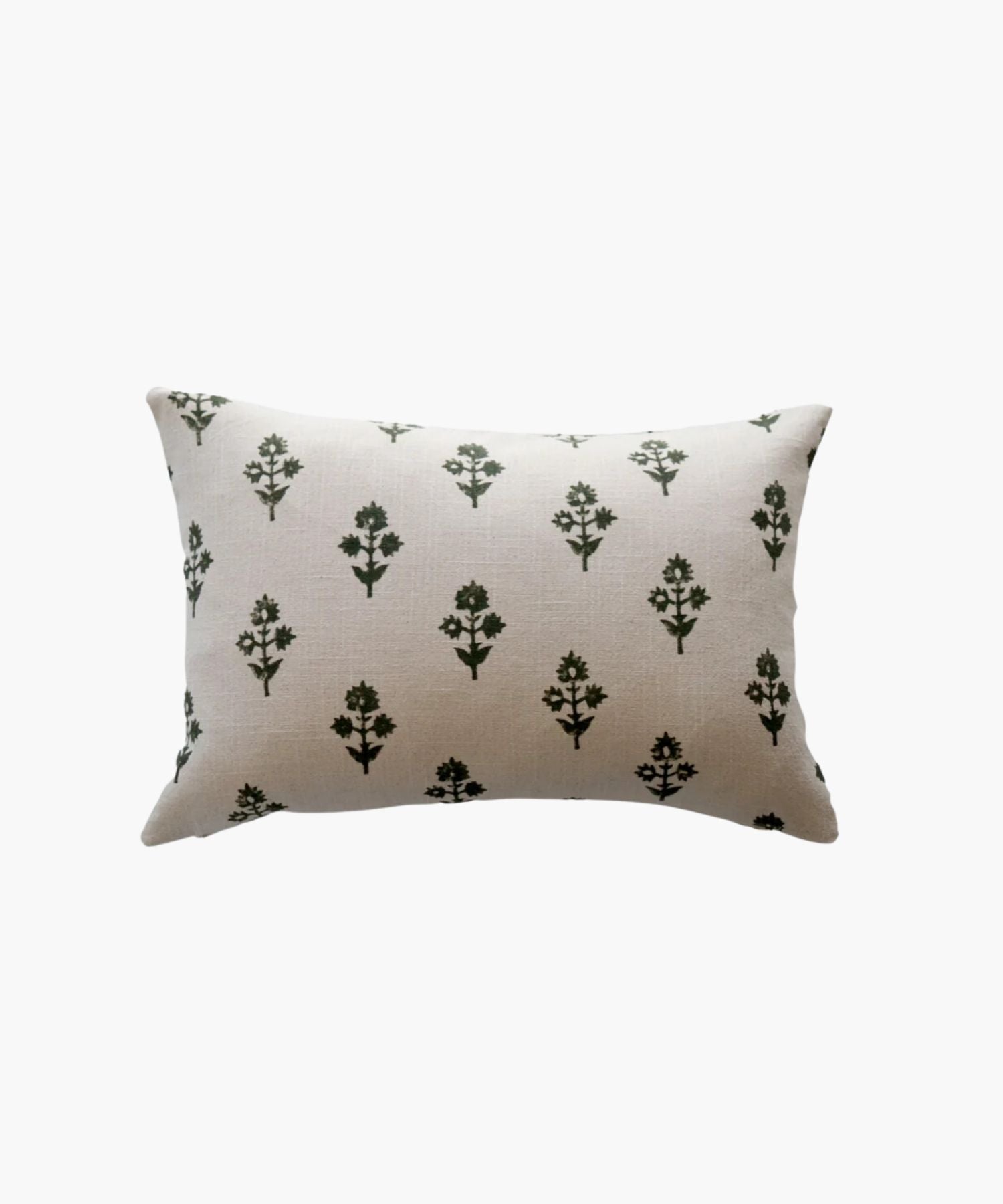 A rectangular lumbar beige pillow with a pattern of evenly spaced, small dark green botanicals. The design is simple and calming, evoking a natural, serene atmosphere. | Wildwood Home Co.