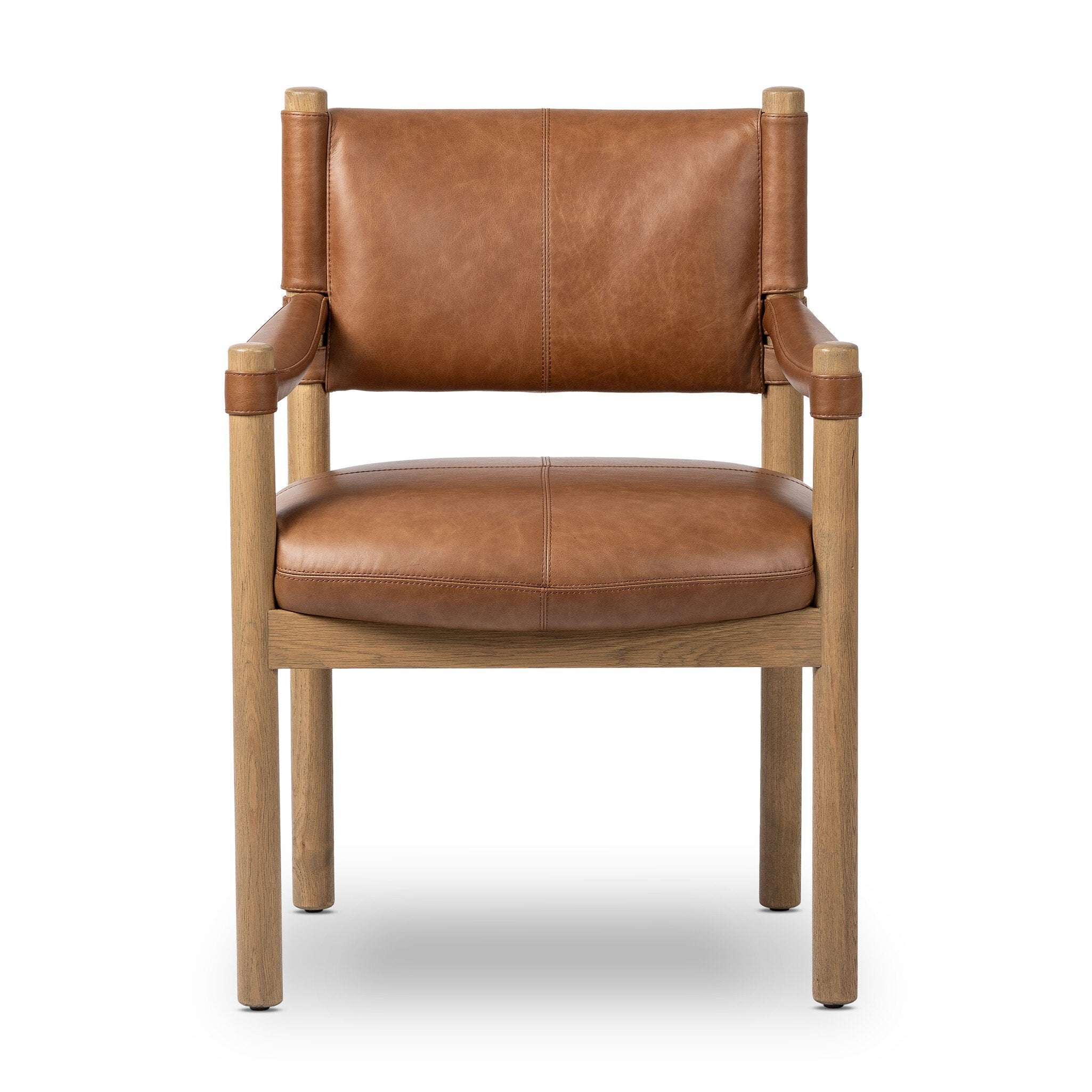 Brown leather dining armchair with wooden frame on a white background.