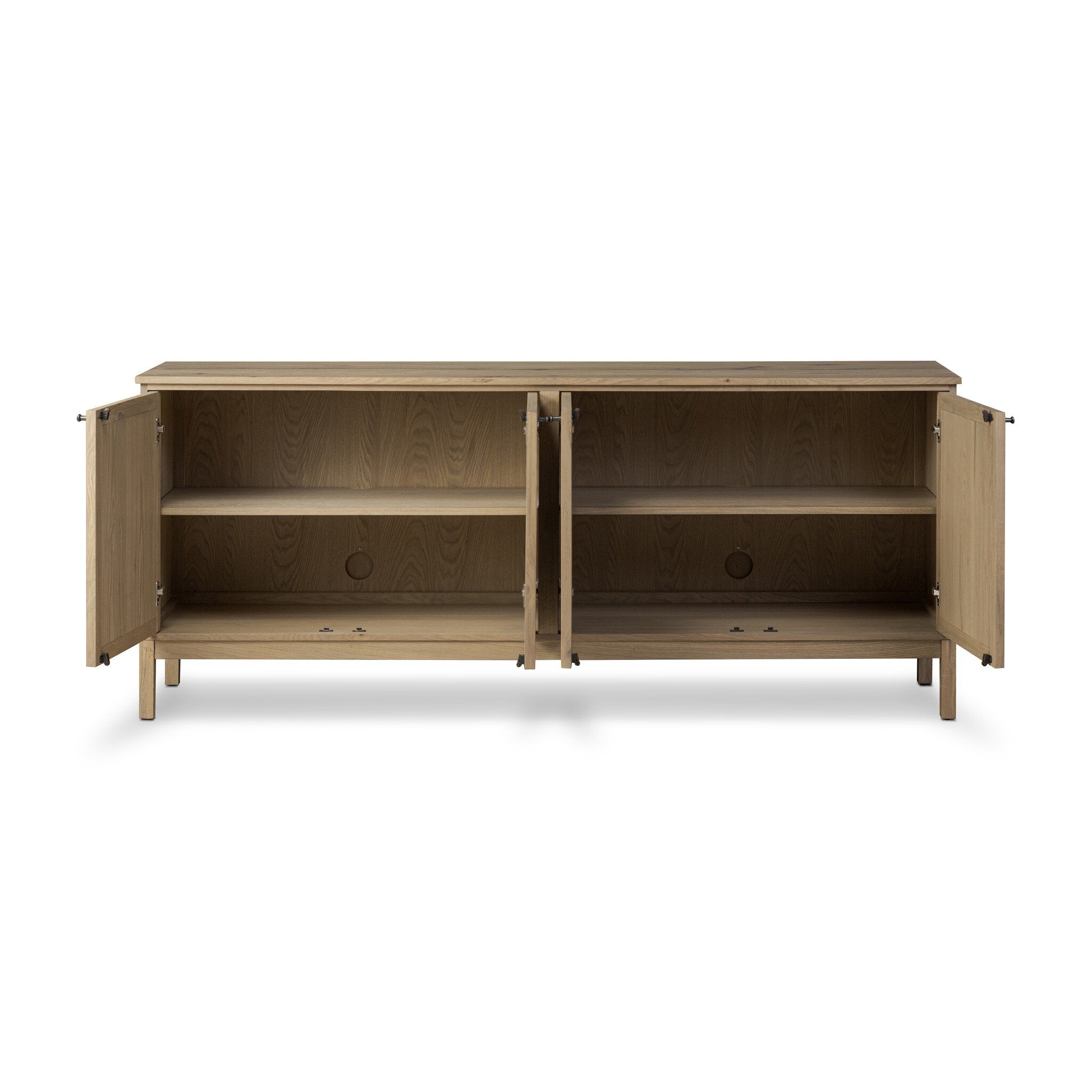 Wooden sideboard with open doors on a white background.