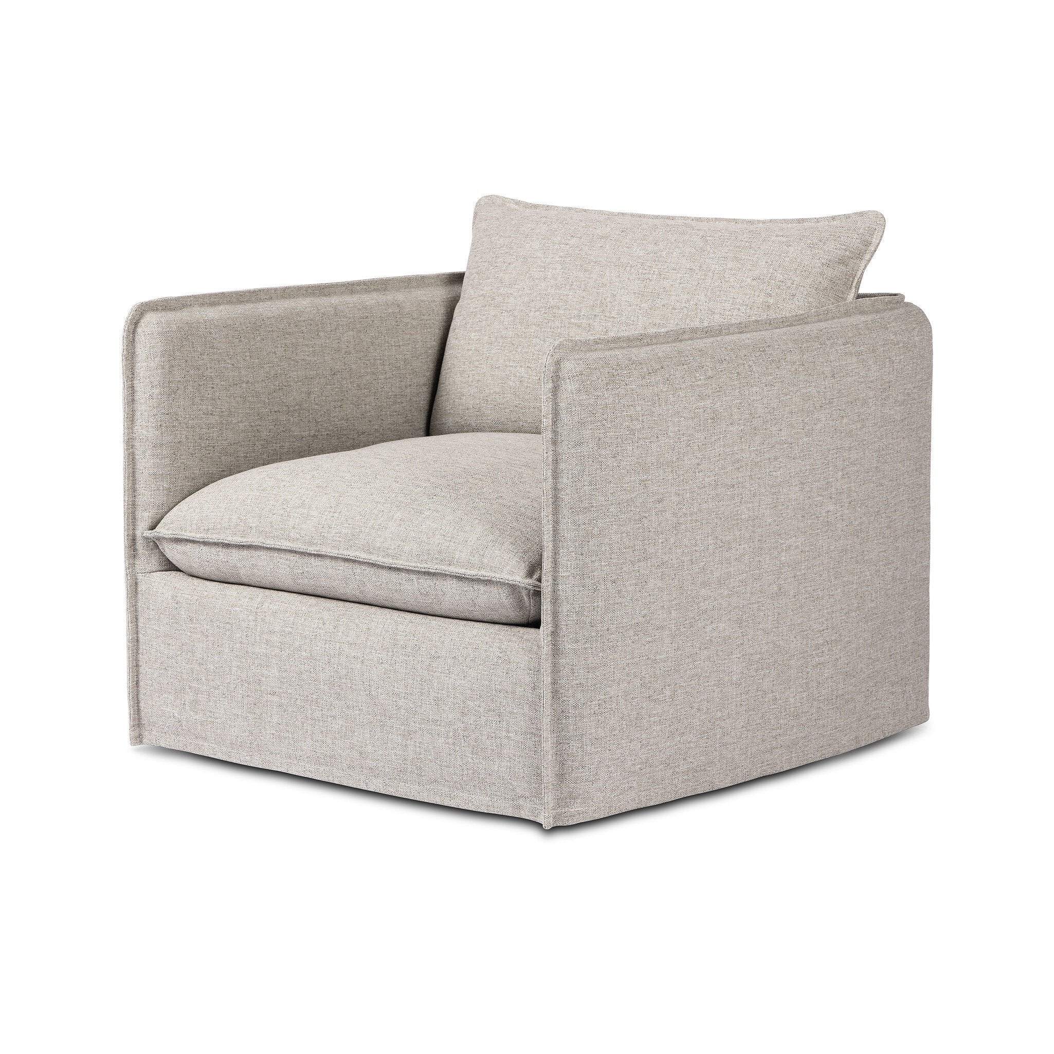 Neutral gray outdoor swivel armchair with a pillow on a white background.