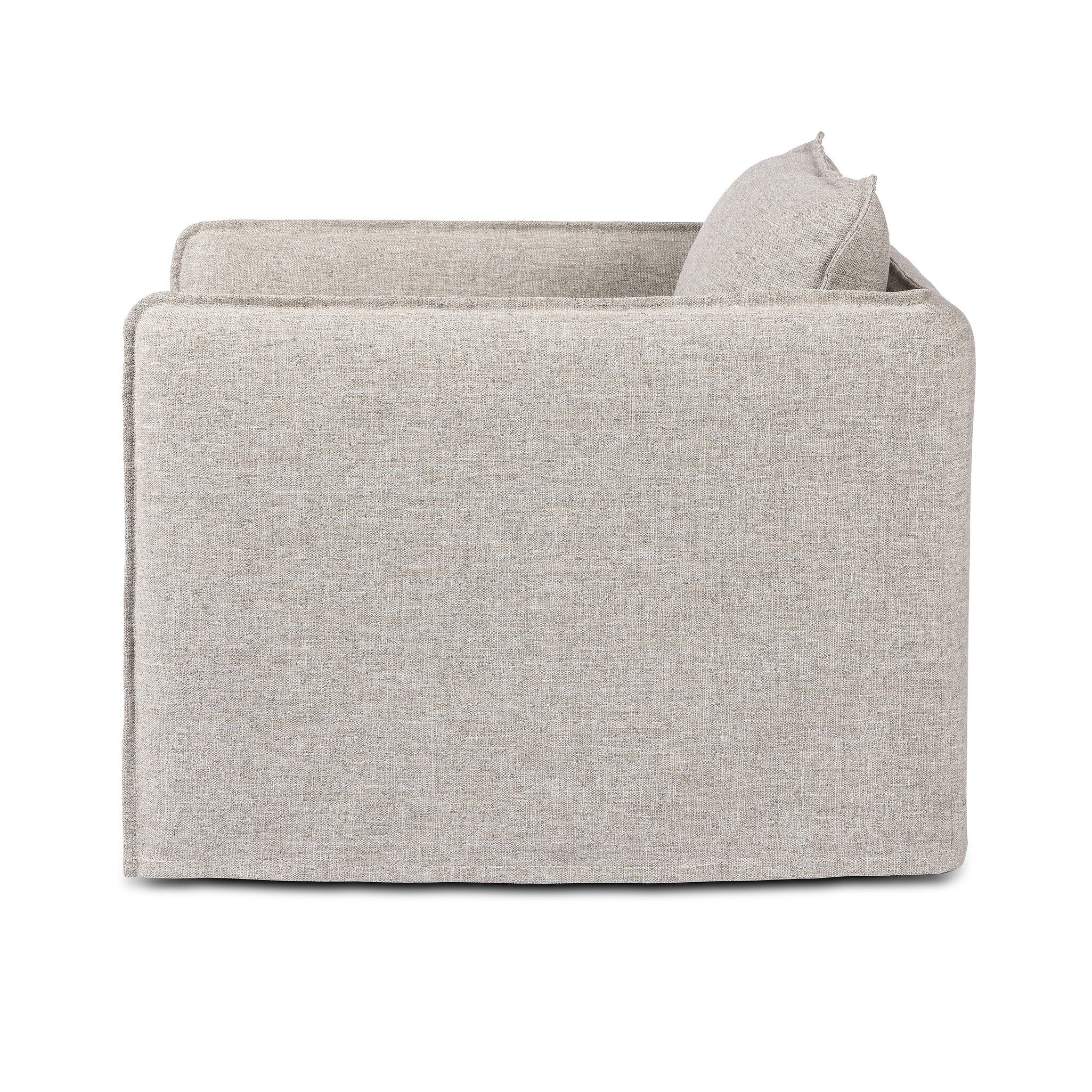 Side profile of a neutral gray outdoor swivel armchair with a pillow on a white background.
