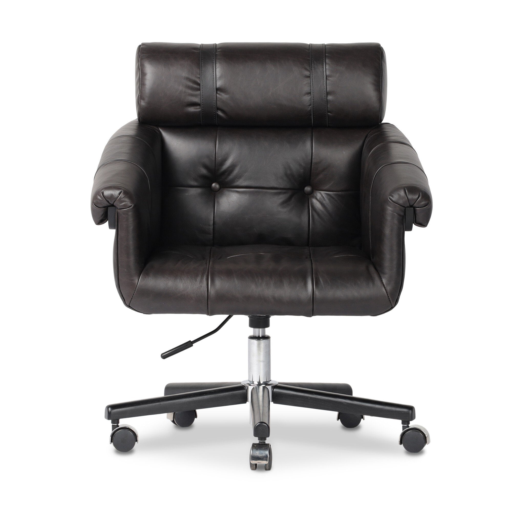 Tufted black leather desk chair with a chrome and black base on a white background. | Wildwood Home Co.