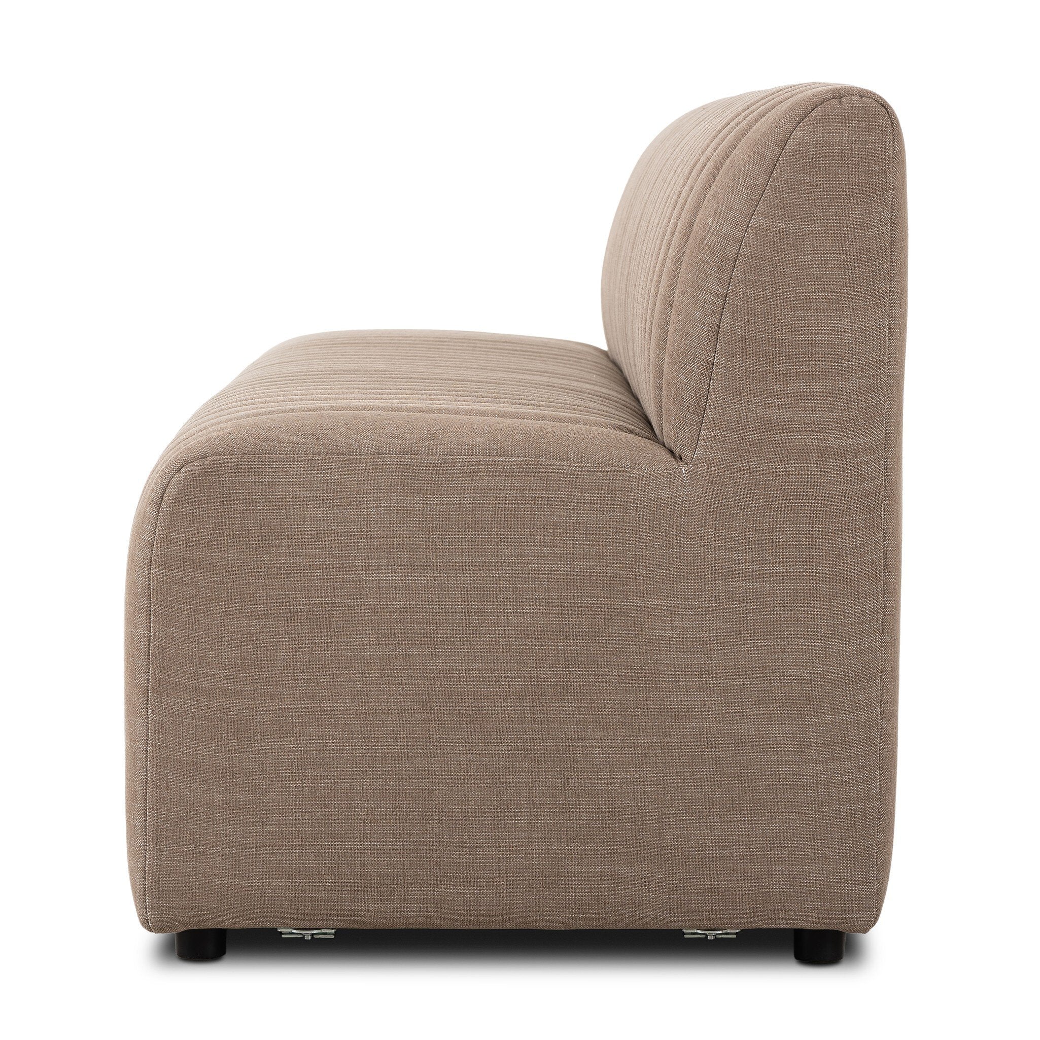 Side view of the Augustine Dining Banquette upholstered channel-back bench on a white background.