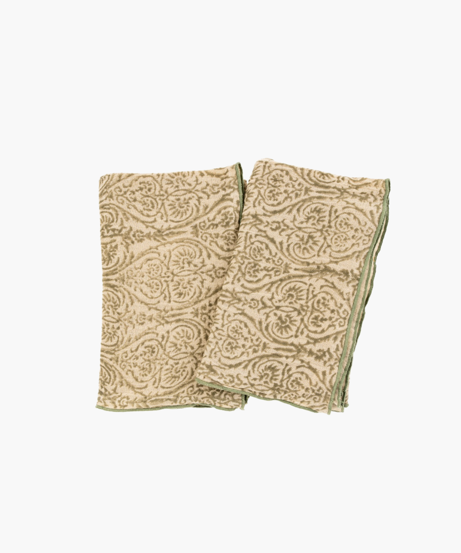 Two beige cloth tea towels with intricate green floral patterns and green edges, arranged side by side. The design feels elegant and vintage. | Wildwood Home Co.
