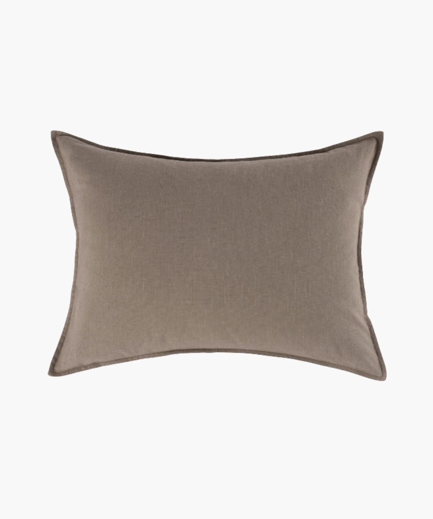 Rectangular neutral brown pillow cover on a white background showing flange detailing, fabric texture, and muted palette.