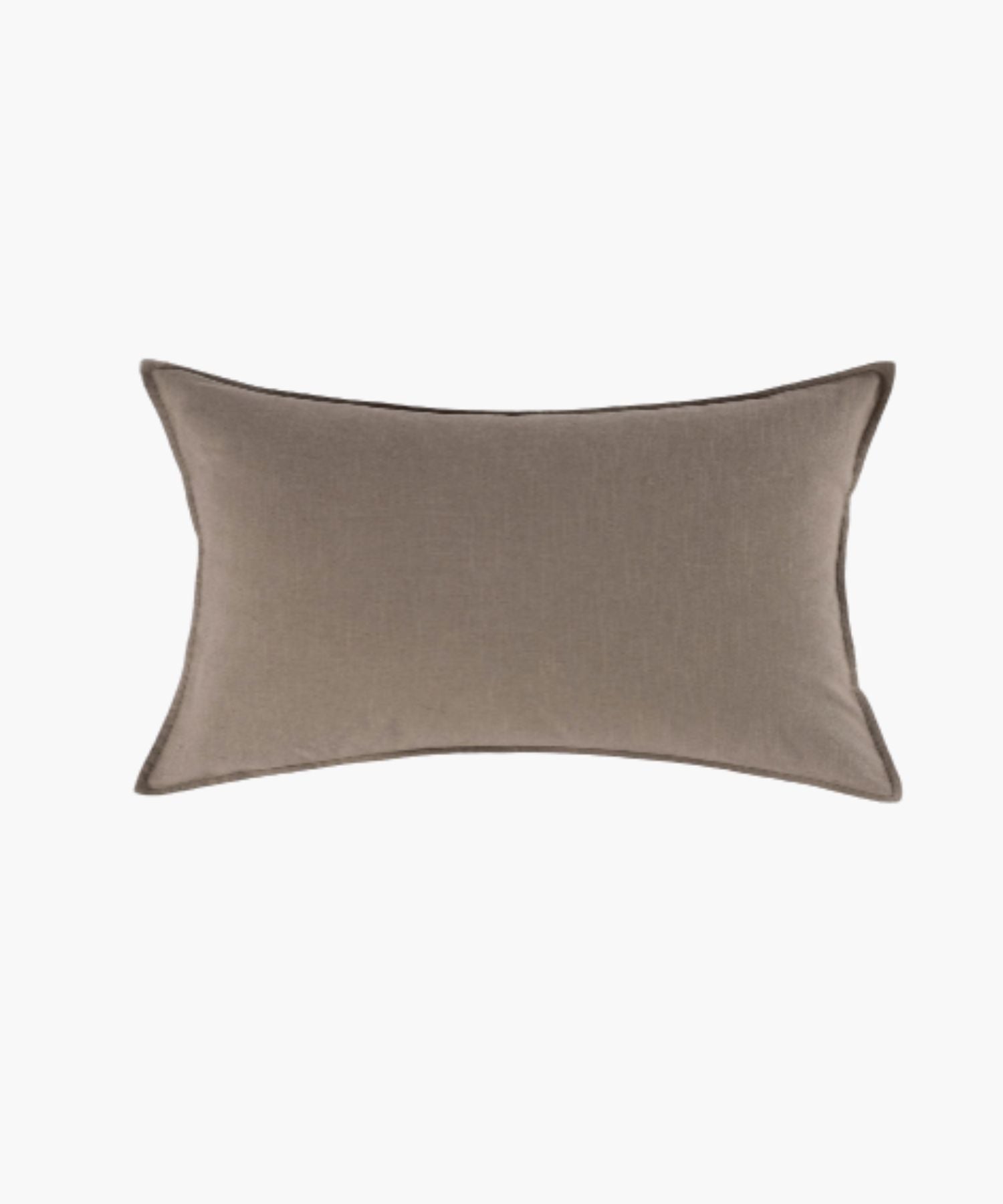 Rectangular neutral brown pillow cover on a white background showing flange detailing, fabric texture, and muted palette.