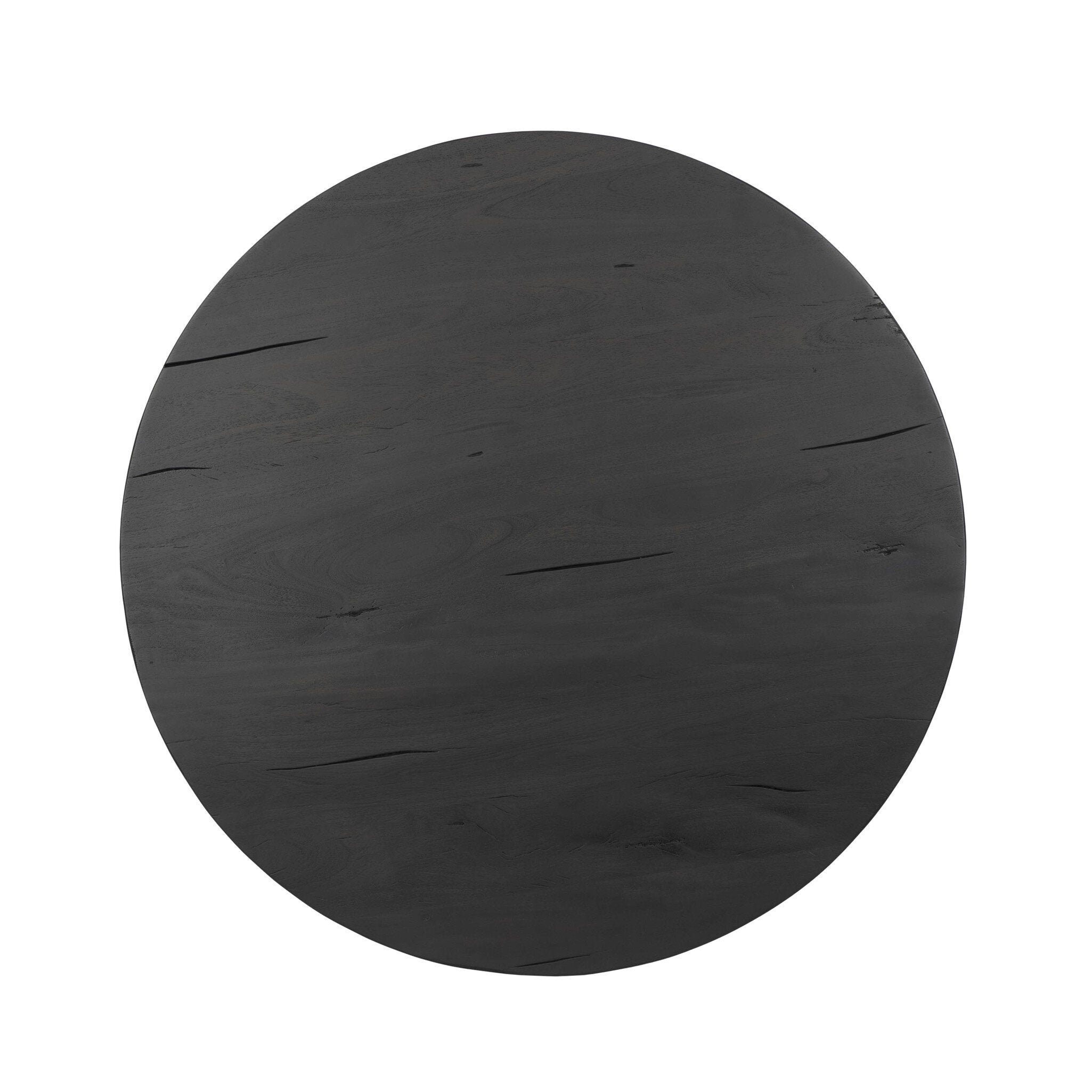 Overhead picture of a black round end table on a white background.