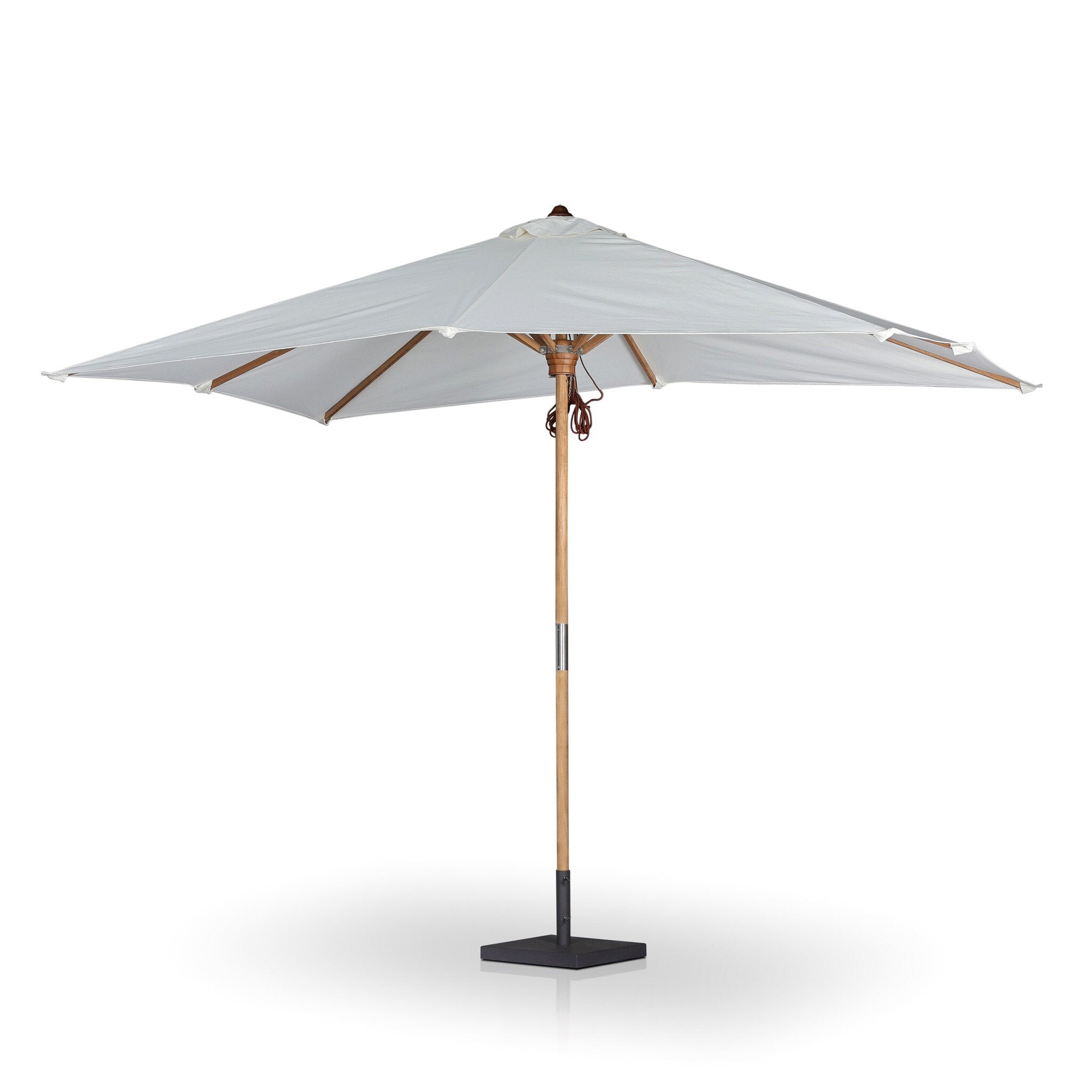 Beige patio umbrella with wooden frame and black base on a white background. | Wildwood Home Co.