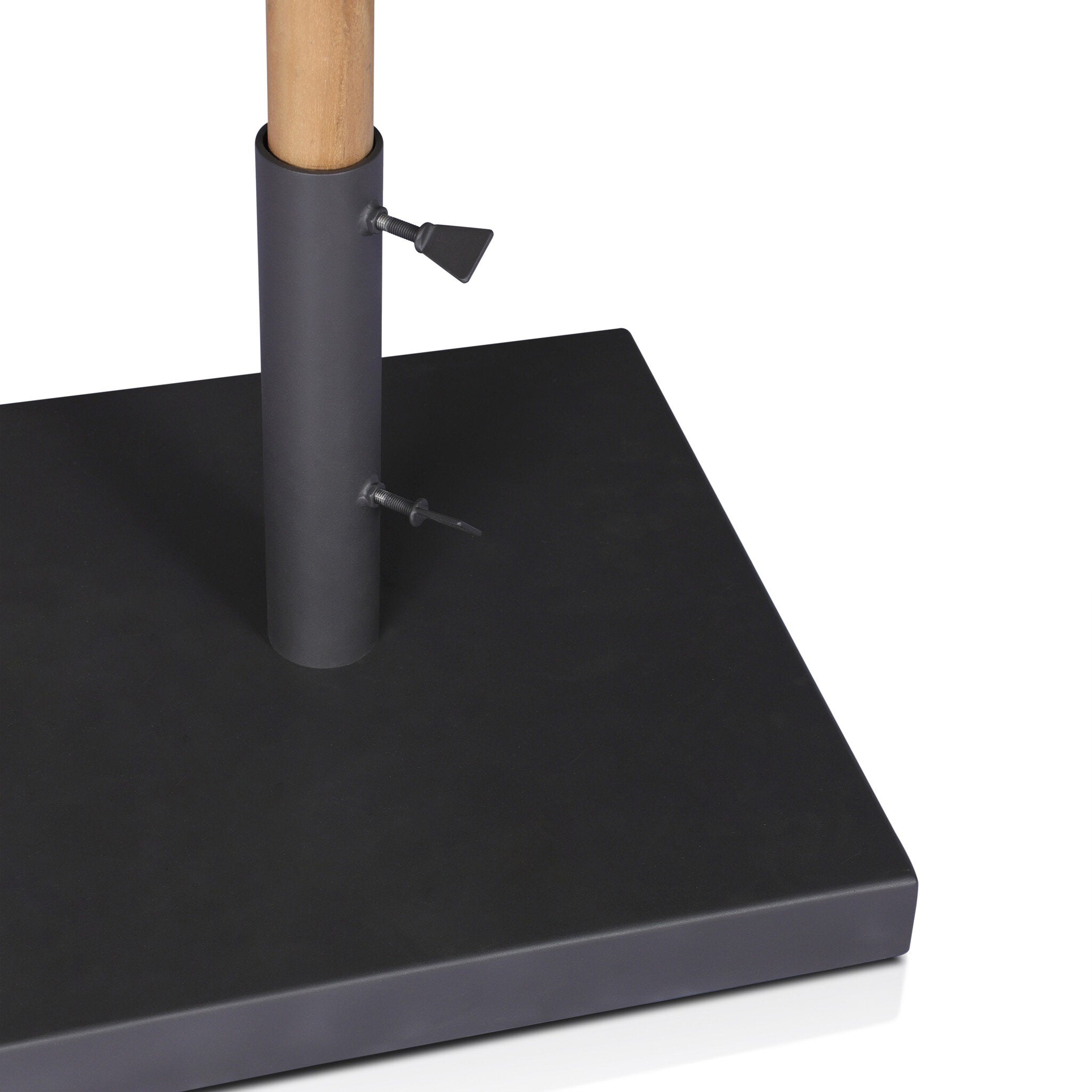 White patio umbrella with wooden frame and black base on a white background.