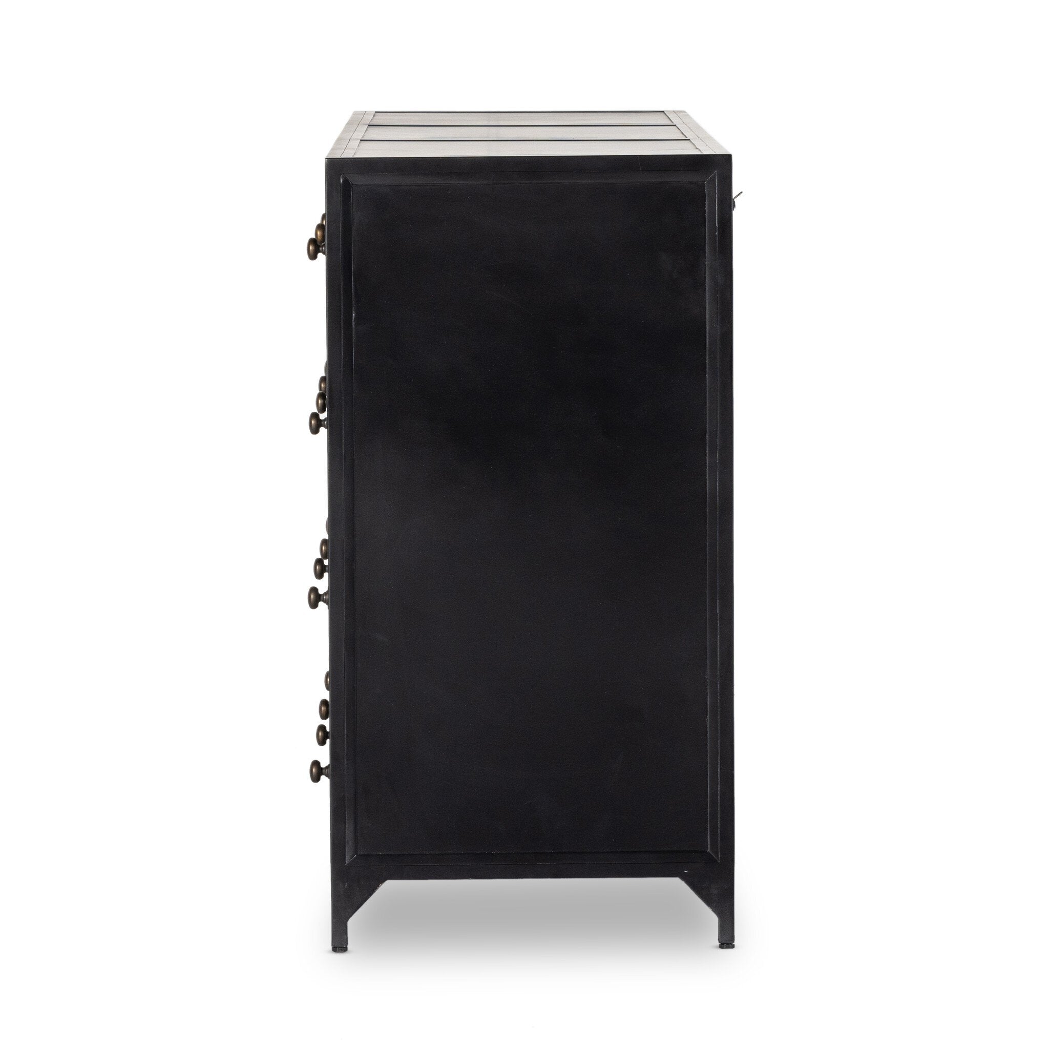 Side profile of a black dresser with twelve drawers and bronze knobs on a white background.