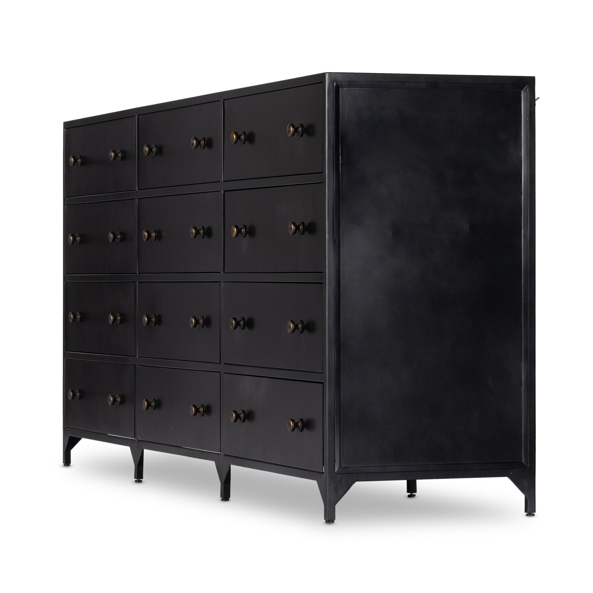 A black dresser with twelve drawers and bronze knobs on a white background.