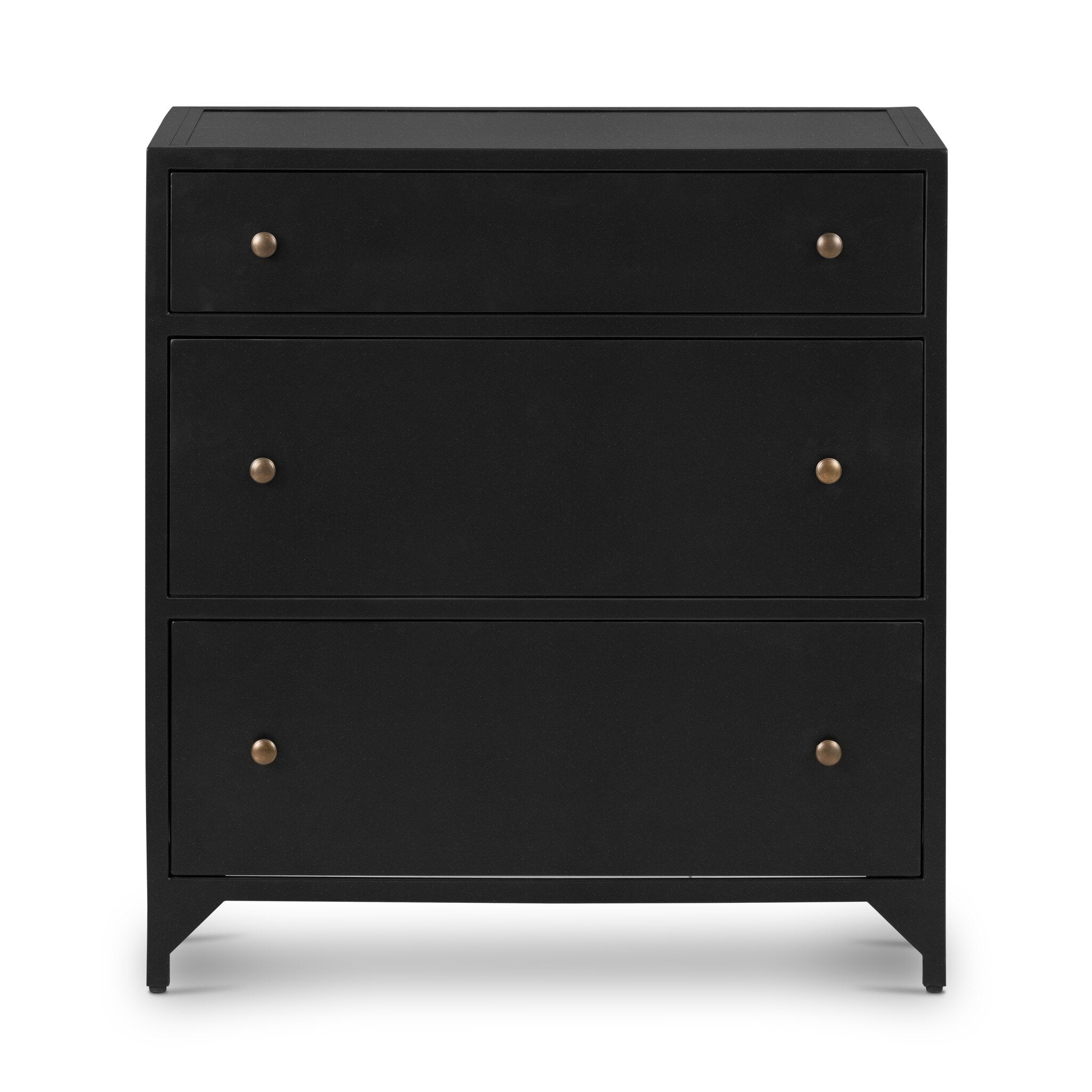 Black nightstand with three drawers and metallic knobs on a white background. | Wildwood Home Co.