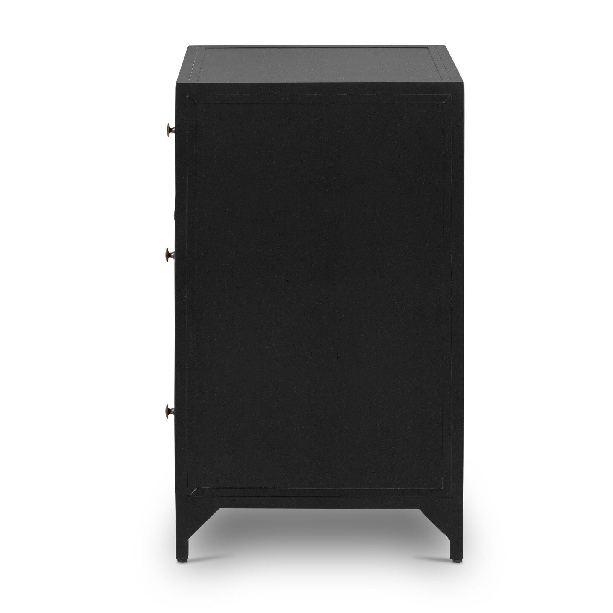 Side profile of a black nightstand with three drawers and metallic knobs on a white background.