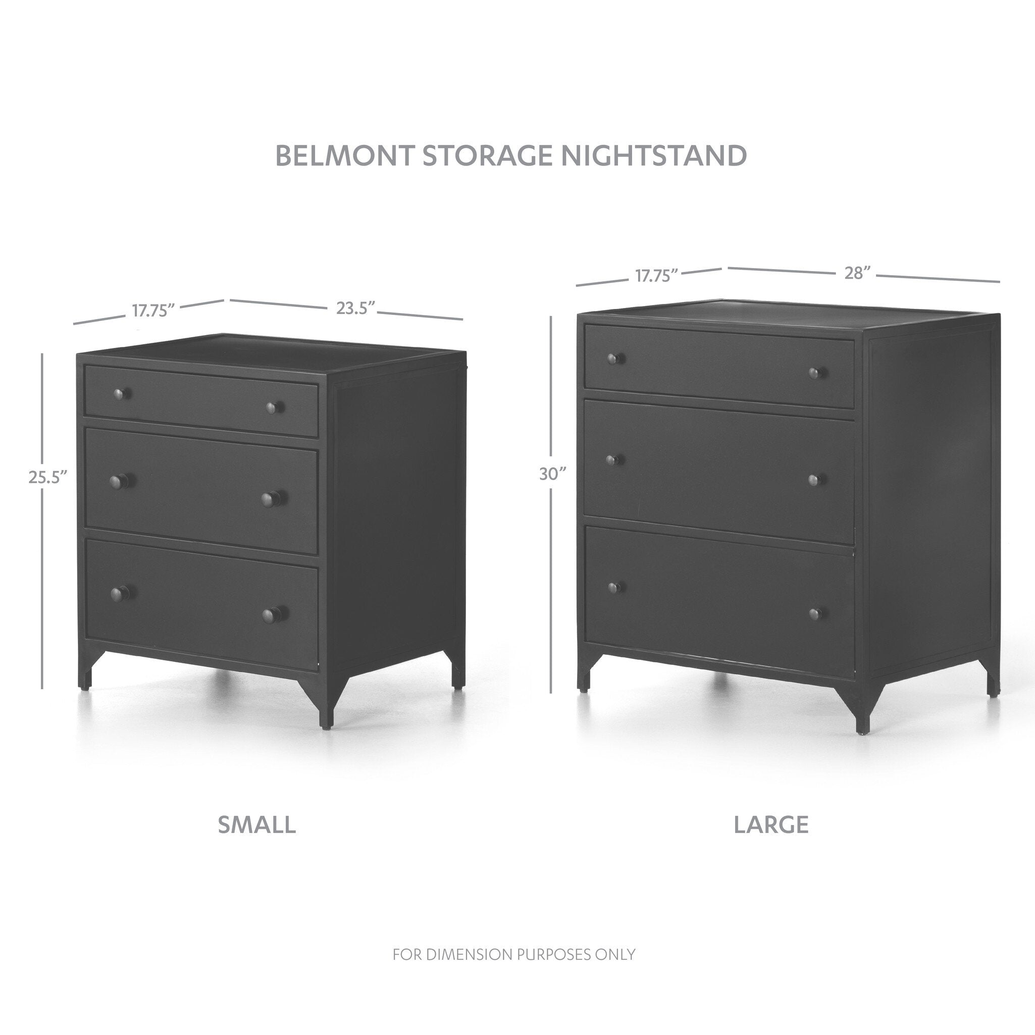 Dimensions of a small and large Belmont Storage Nightstand on a white background.