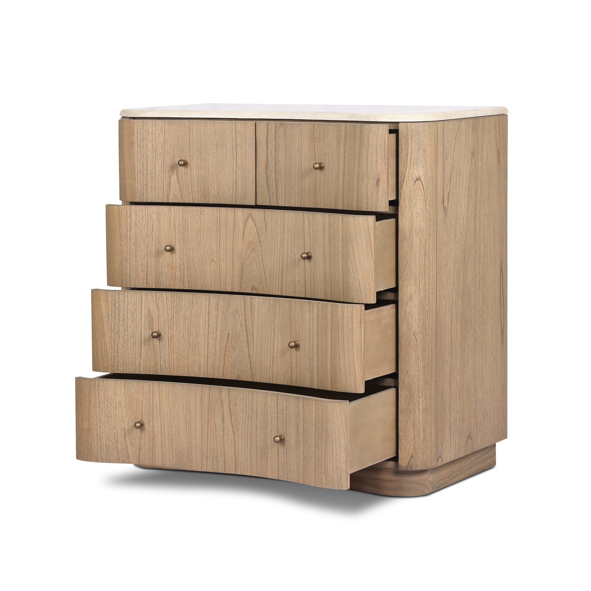 A wooden dresser with multiple drawers and a cream-white marble top on a white background.