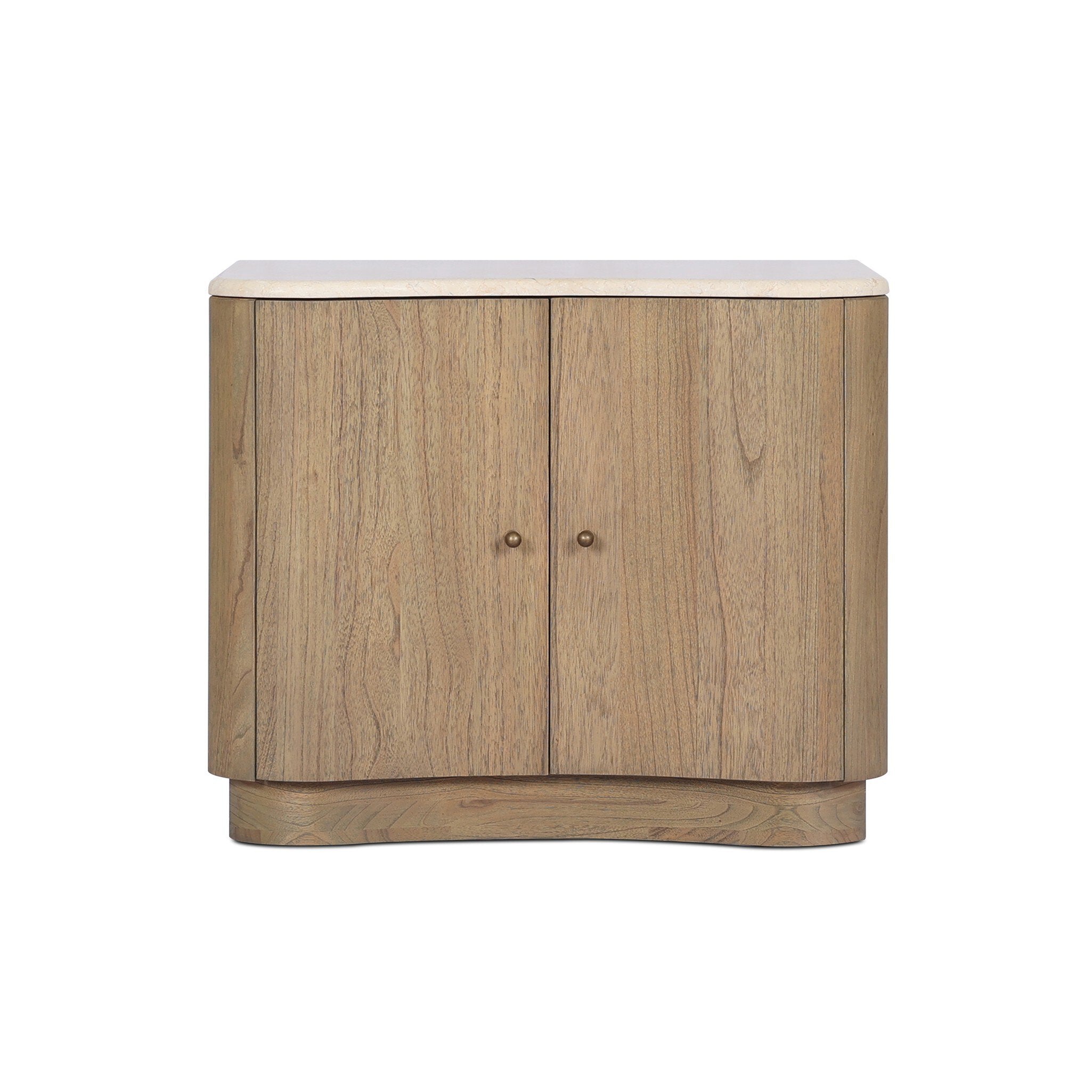 Wooden nightstand with two doors and a marble top on a white background. | Wildwood Home Co.