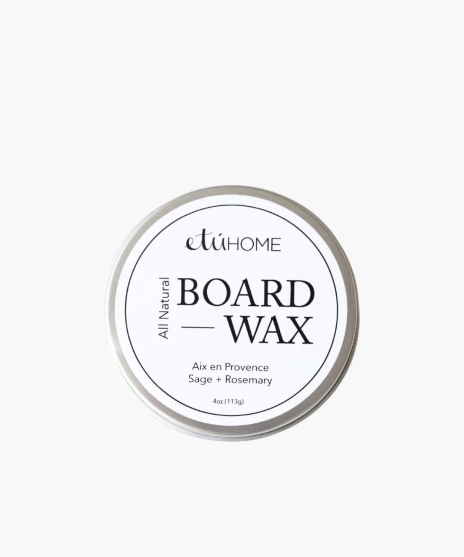 Round tin container labeled "etúHOME All Natural BOARD WAX" with text "Aix en Provence Sage + Rosemary" on a white background. Clean, minimal design. | Wildwood Home Co.