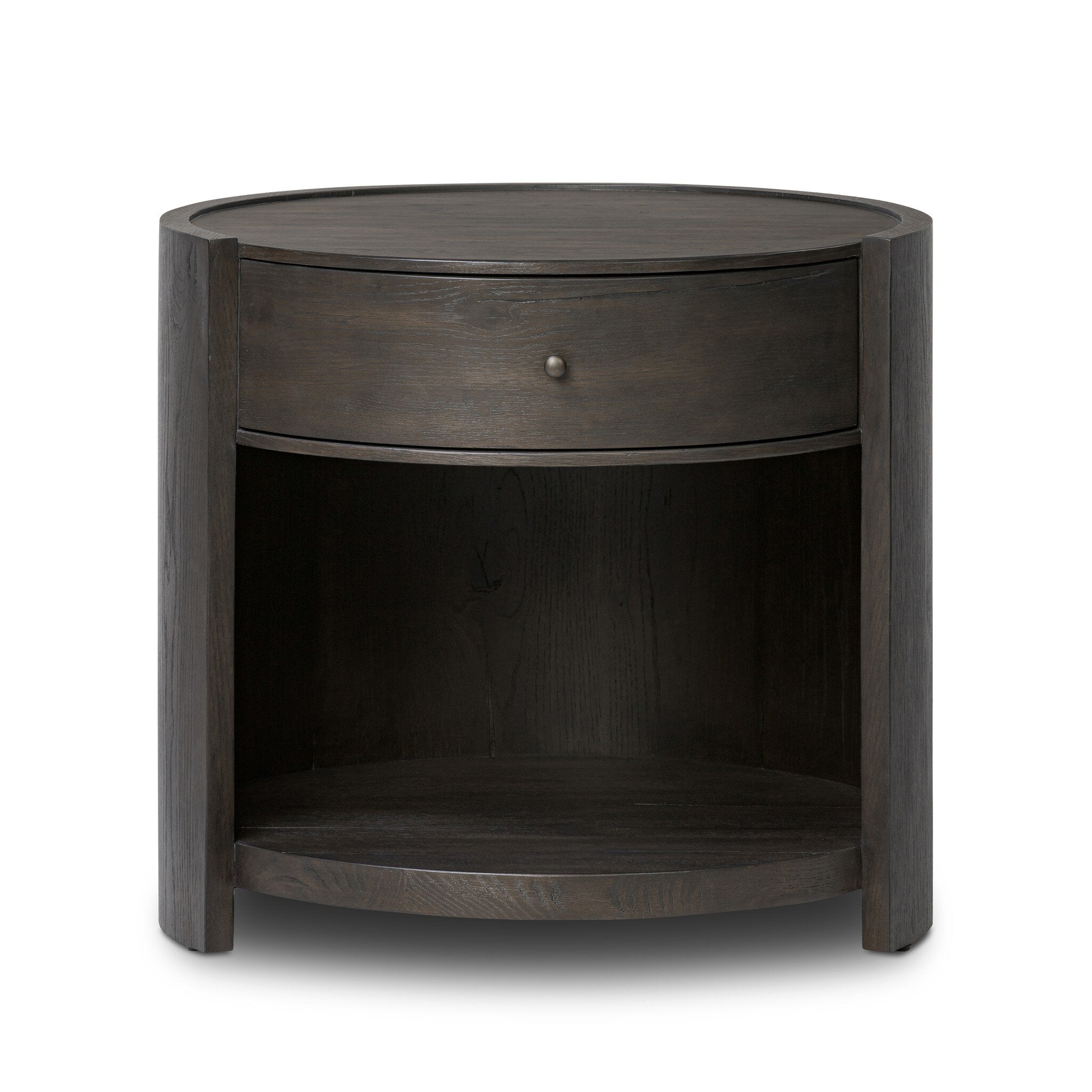 Round dark wooden nightstand with a drawer and a cubby on a white background. | Wildwood Home Co.