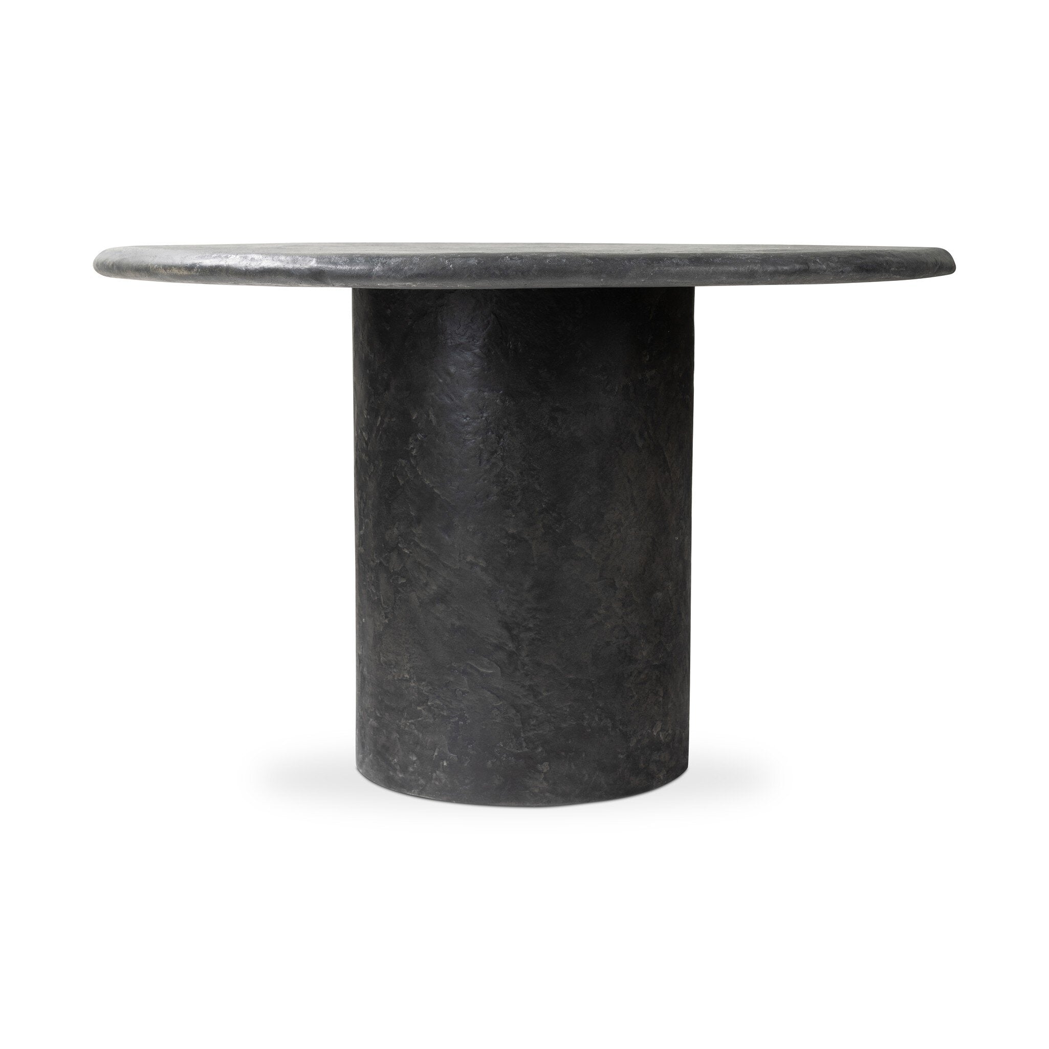 Round black concrete dining table on a white background.