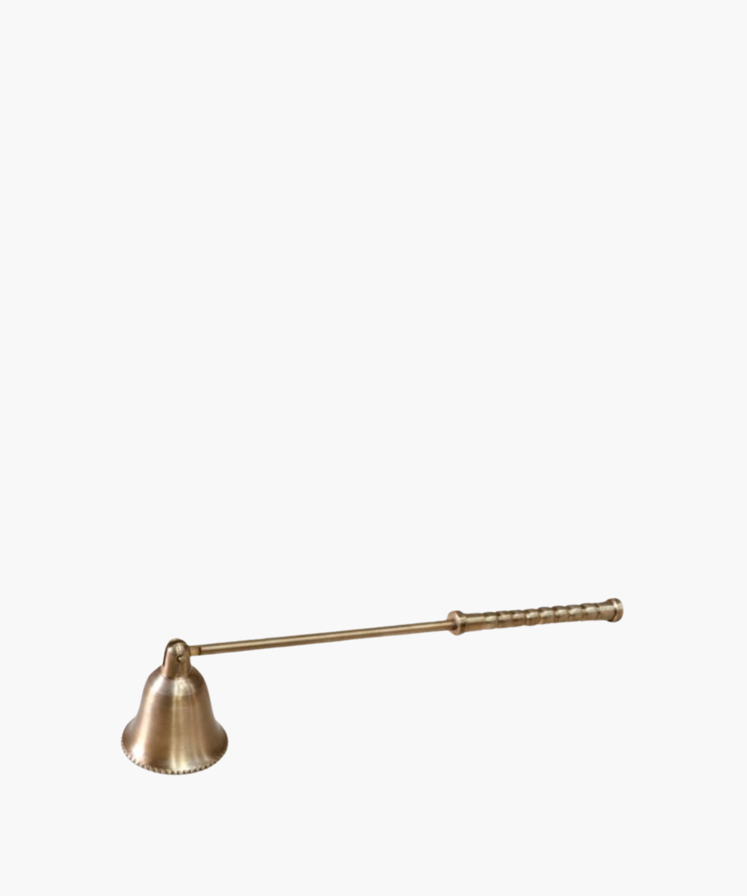 A brass candle snuffer with a long, ribbed handle and a bell-shaped end. The metallic finish gives it a vintage, elegant appearance. Set against a plain background.