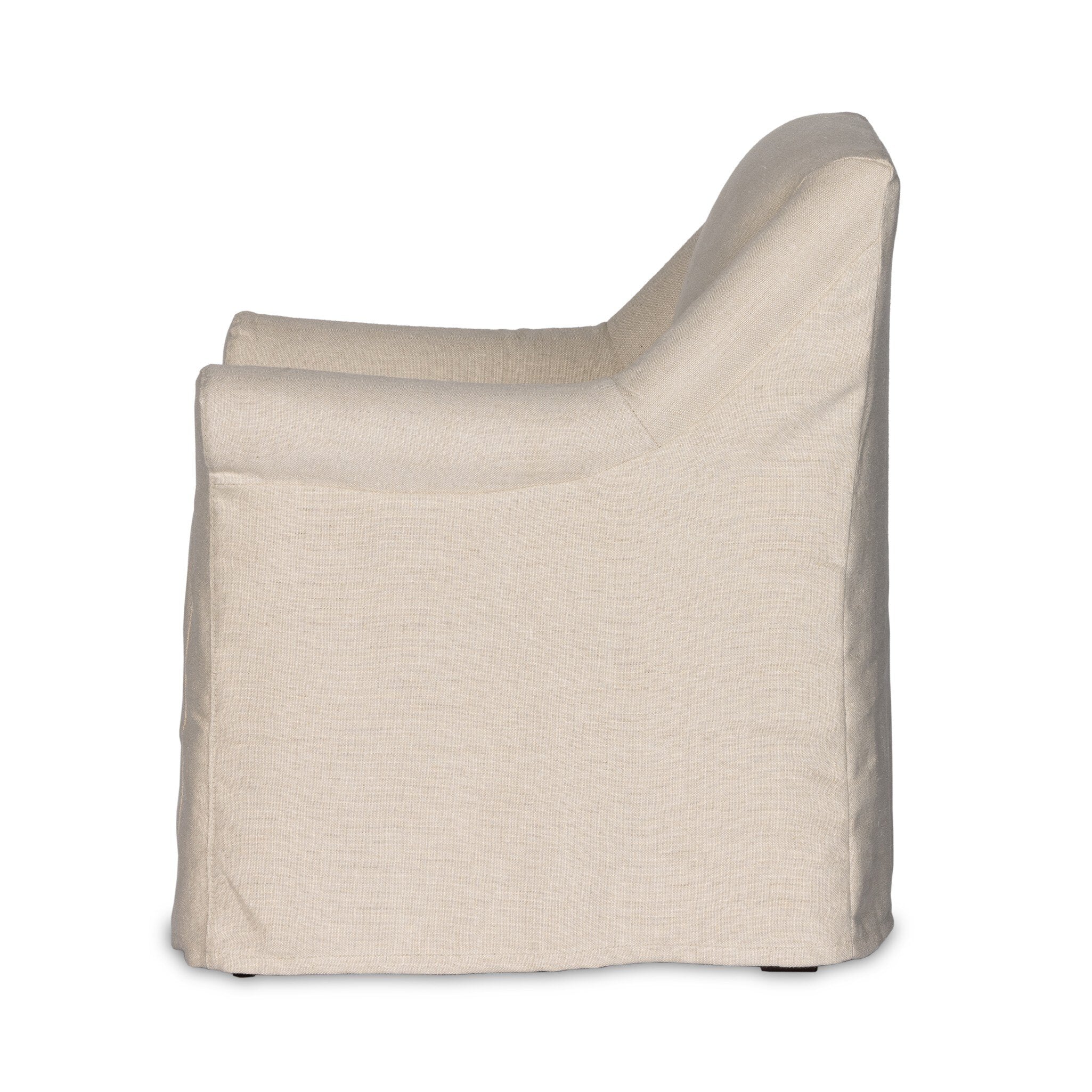 Natural slipcovered dining armchair with rolled arms on a white background.