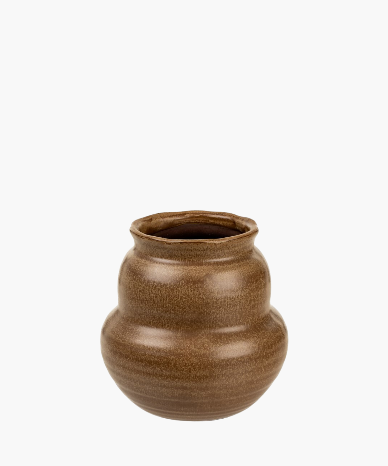 A brown, rounded ceramic vase with a slightly uneven rim and smooth, glossy texture. The earthy tone and simple design suggest a rustic charm. | Wildwood Home Co.