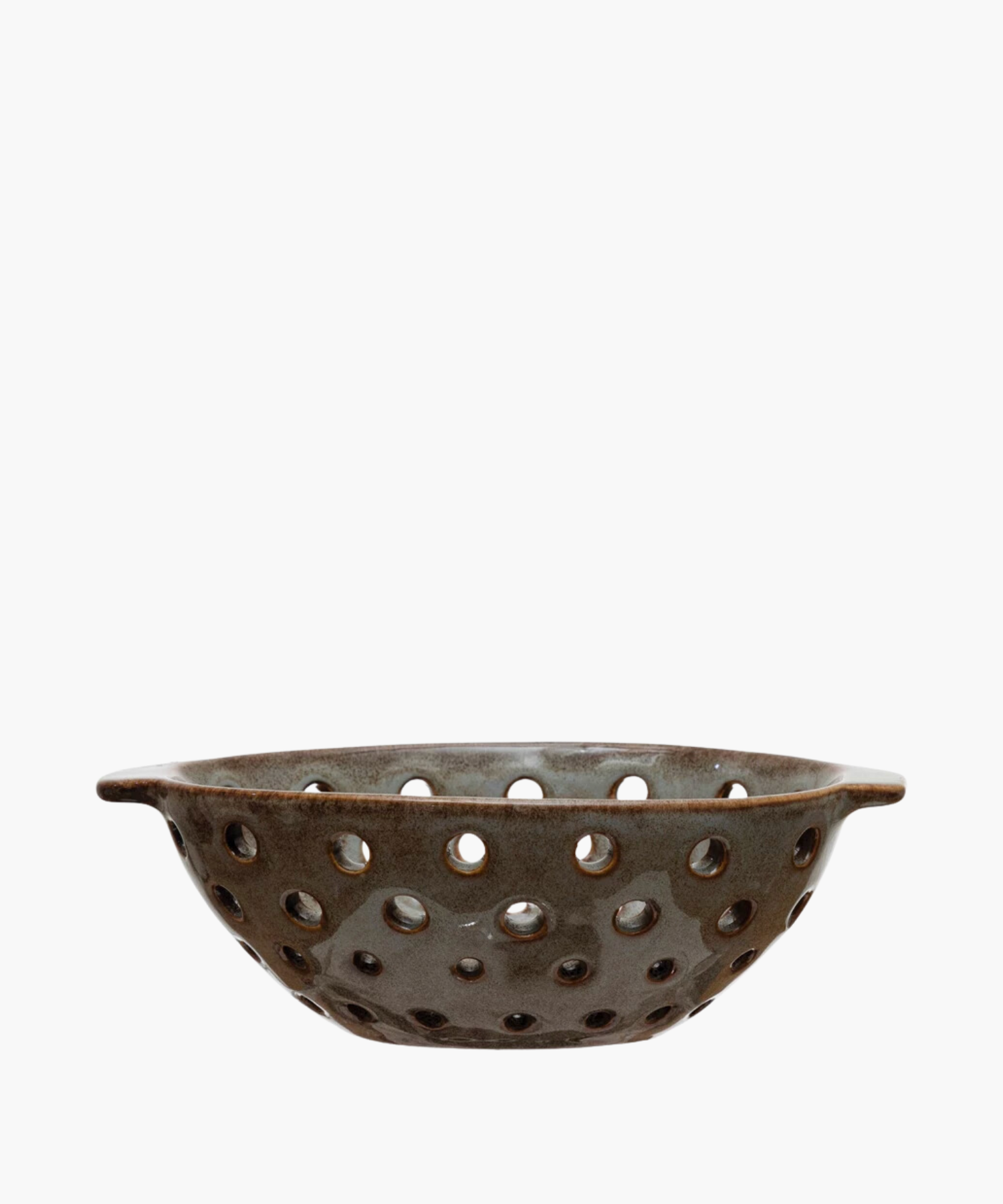 Ceramic colander or berry bowl with a rustic design, featuring a speckled brown glaze and evenly spaced holes. It conveys a handcrafted, earthy aesthetic. | Wildwood Home Co.