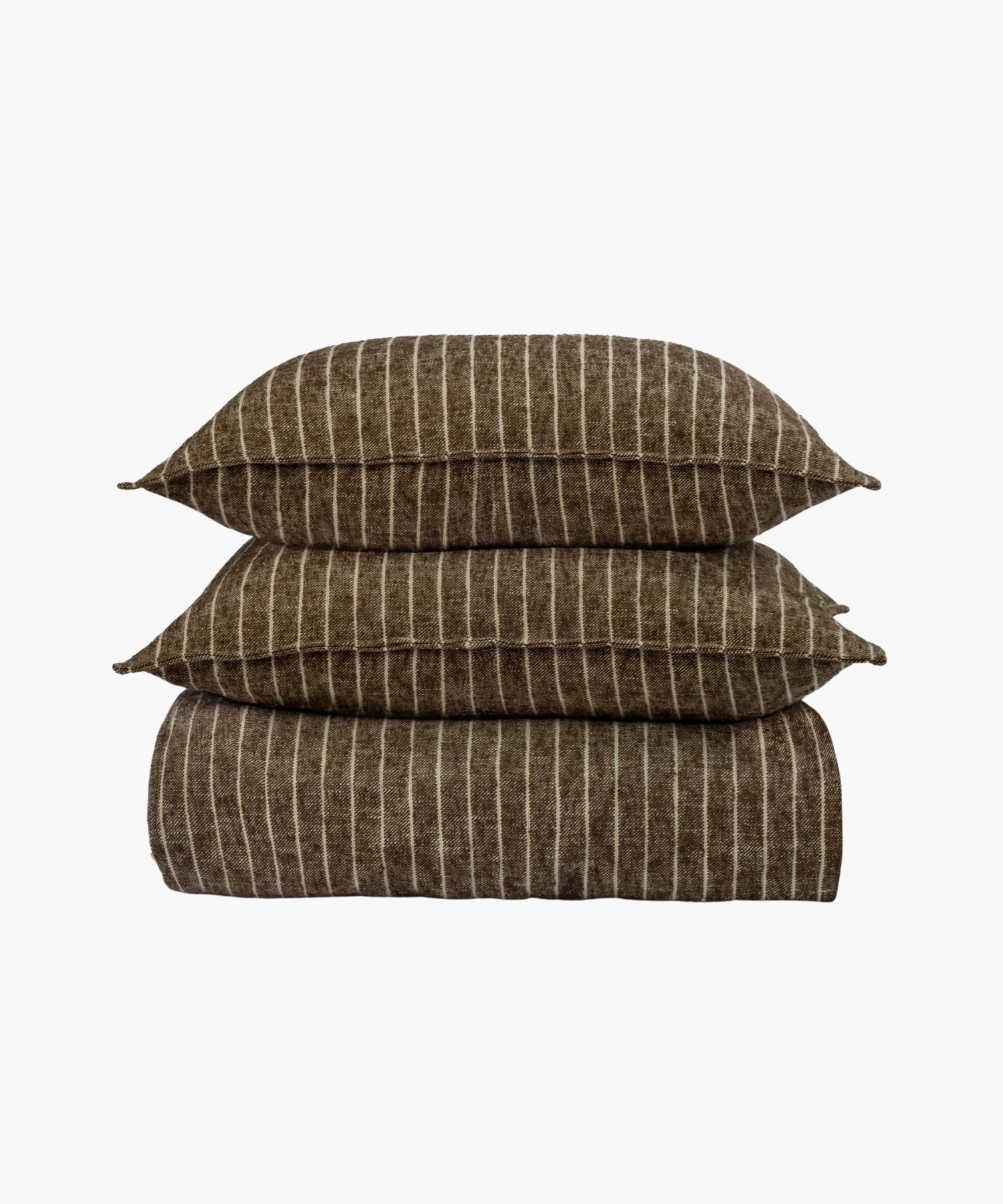 Stacked view of Bruno Duvet Cover with matching shams in a rich brown pinstripe pattern, displaying the boucle texture and tailored edges. | Wildwood Home Co.