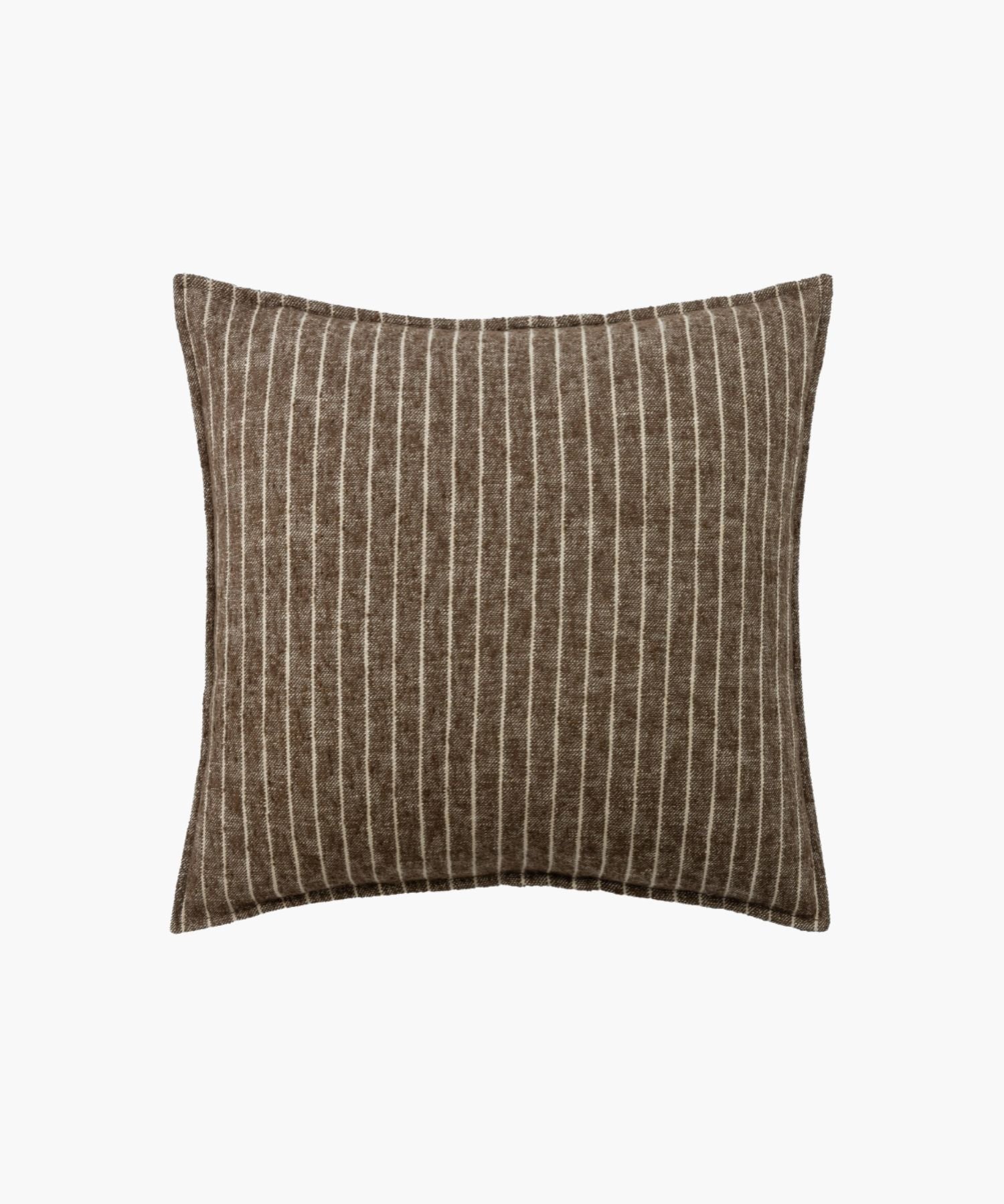 Front-facing view of the Bruno Sham in brown pinstripe, highlighting the clean knife edge and dense boucle weave.