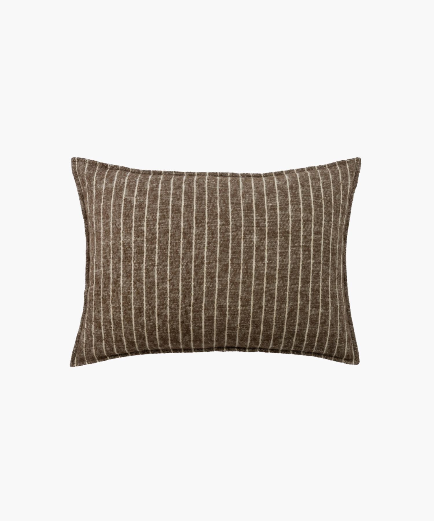 Front-facing view of the Bruno Sham in brown pinstripe, highlighting the clean knife edge and dense boucle weave.| Wildwood Home Co.