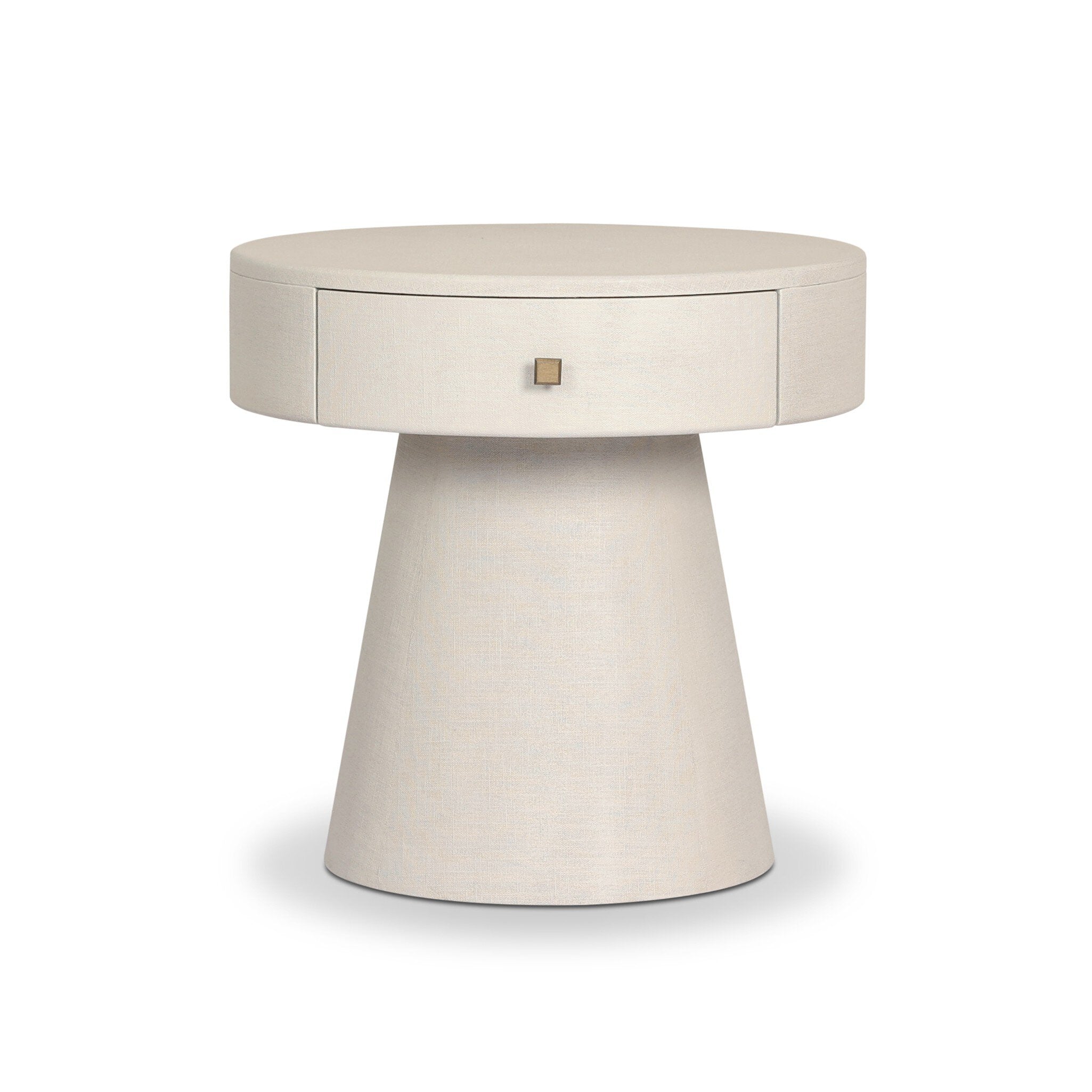 A rounded nightstand with a single drawer and tapered pedestal base on a white background. | Wildwood Home Co.