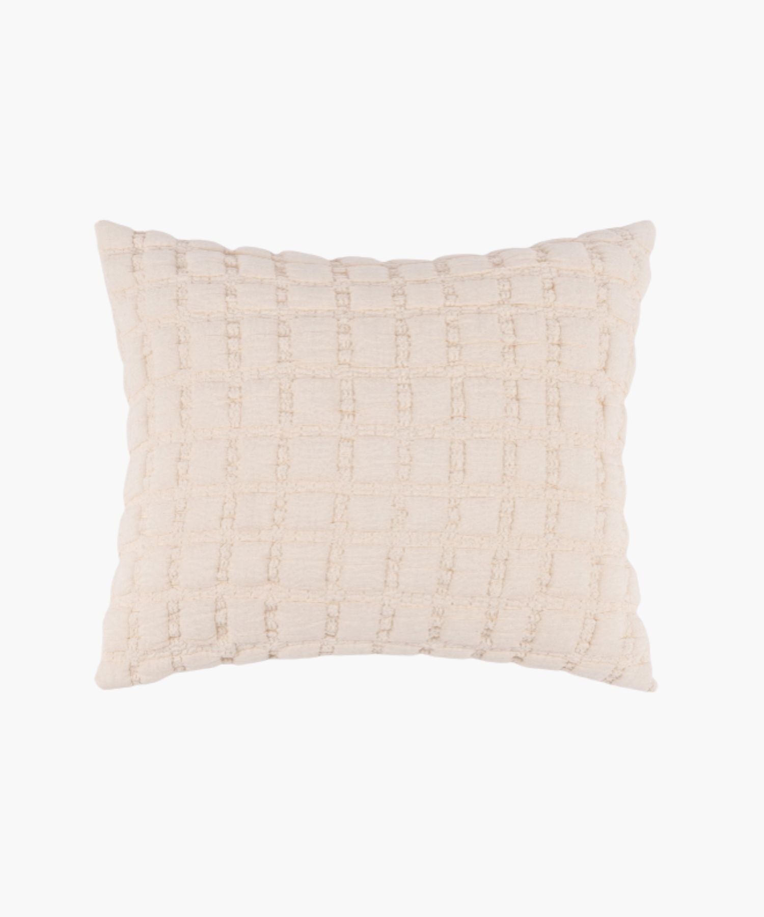 Rectangular cream sham with a puffed grid texture and stitched detail, styled against a white backdrop.