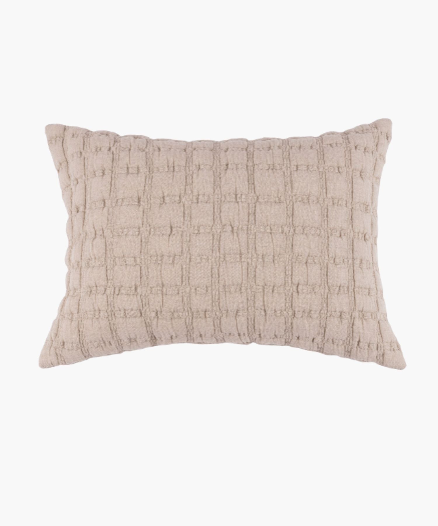 Rectangular beige sham with a puffed grid texture and stitched detail, styled against a white backdrop.