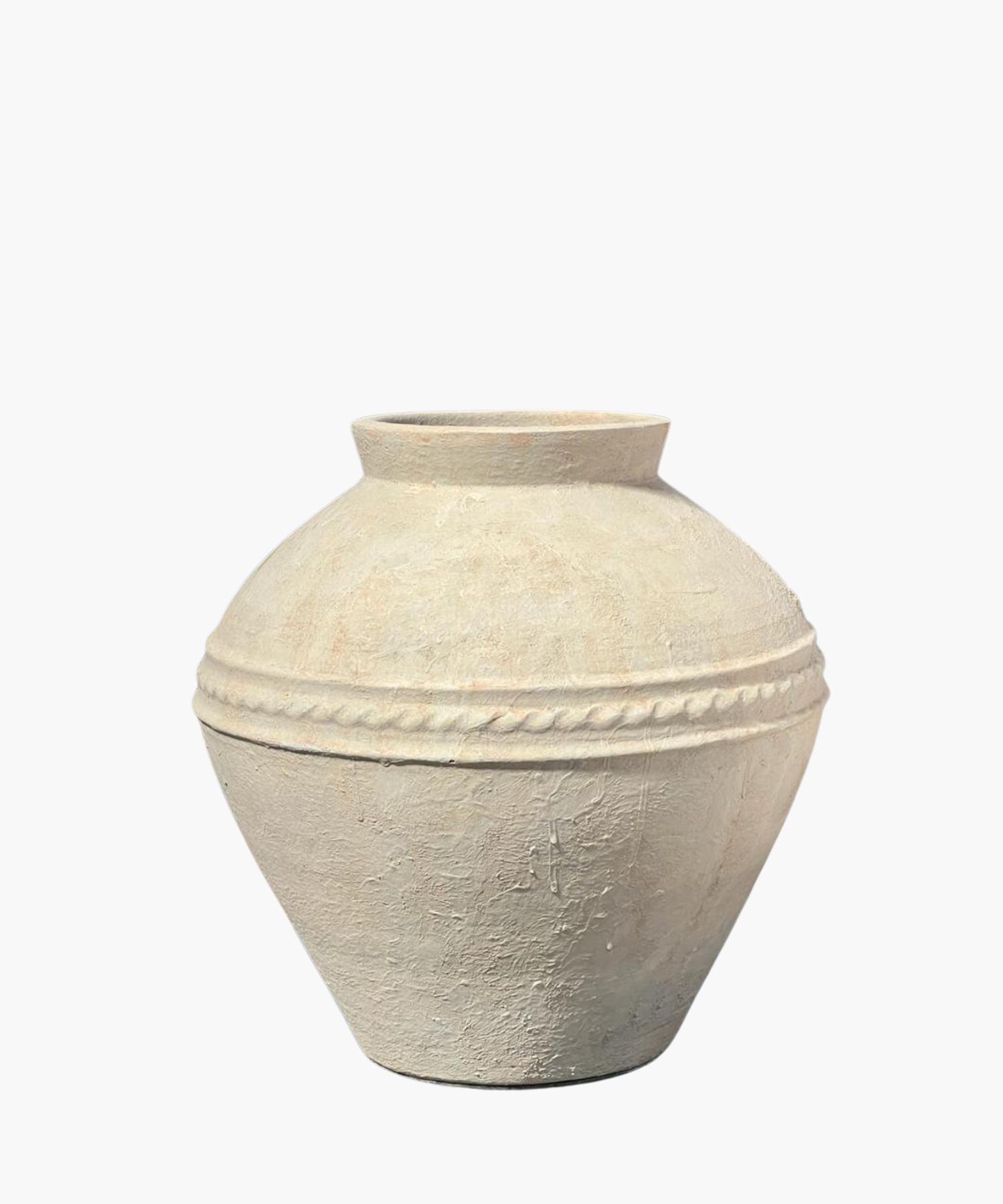 A textured, beige clay vase with a rounded body and a slightly narrow top. It features a horizontal braided pattern around the middle, conveying an earthy, rustic tone. | Wildwood Home Co.
