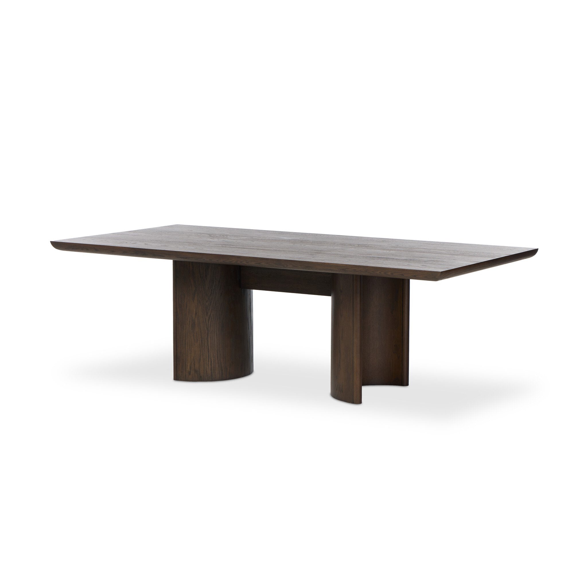 Wood dining table with a minimalist design on a white background.