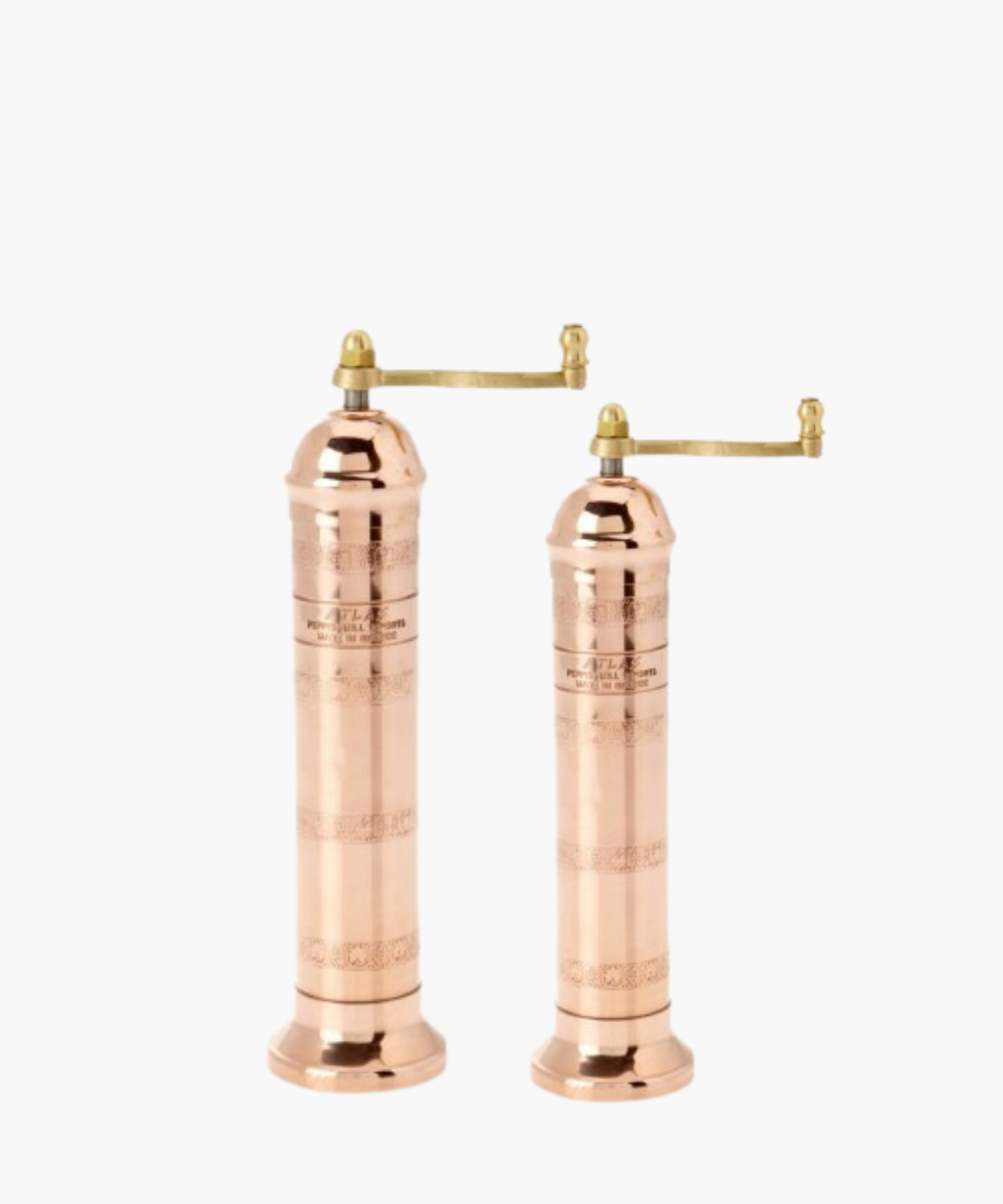 Copper manual pepper mill and copper salt mill with a brass handle, featuring an ornate design. The elegant, vintage style evokes a sense of classic craftsmanship. | Wildwood Home Co. | Wildwood Home Co.
