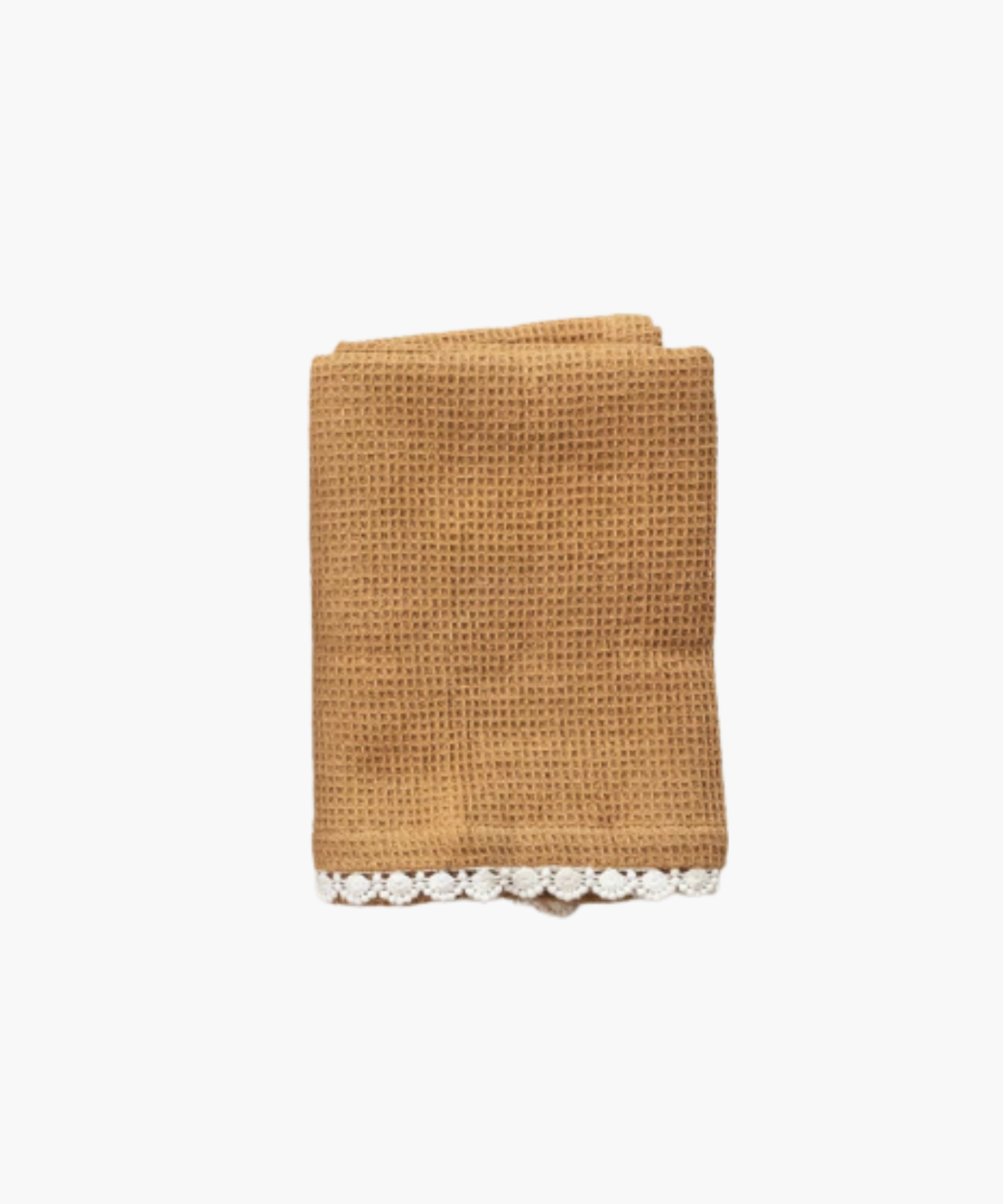 A neatly folded mustard waffle-patterned towel with delicate white crochet trim along the bottom edge. The texture is soft, giving a cozy and elegant feel.