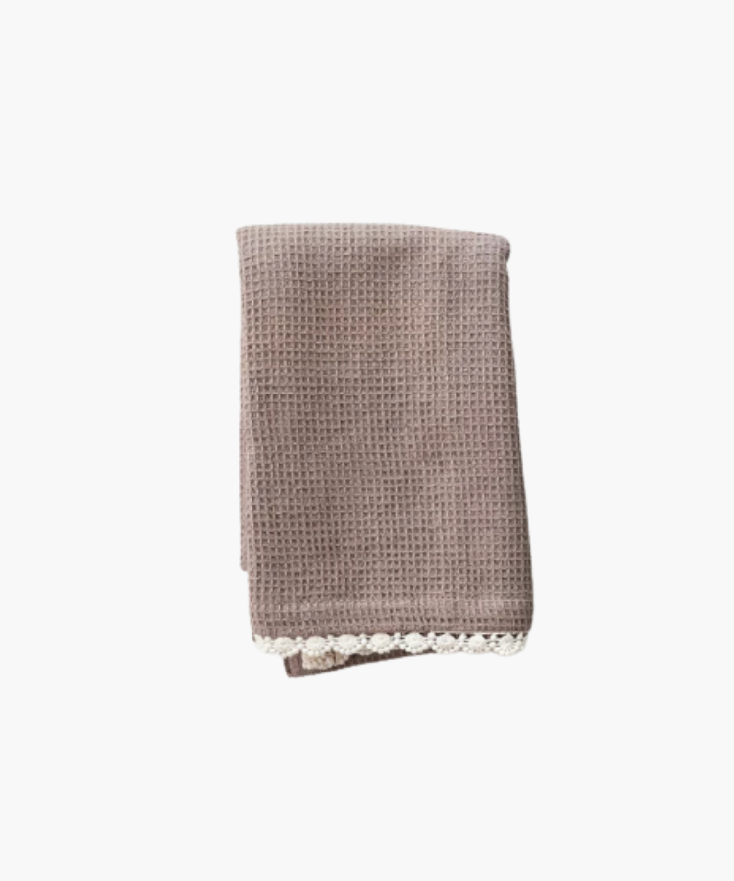 A neatly folded mauve waffle-patterned towel with delicate white crochet trim along the bottom edge. The texture is soft, giving a cozy and elegant feel. | Wildwood Home Co.