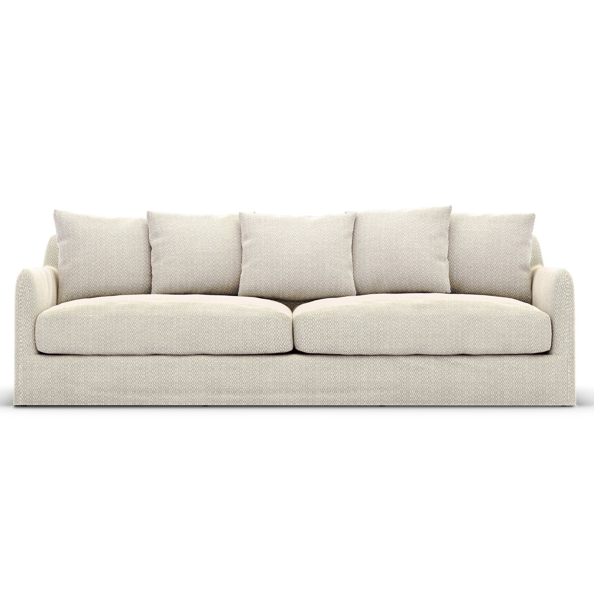 Sand colored slipcover outdoor sofa on a white background. | Wildwood Home Co.