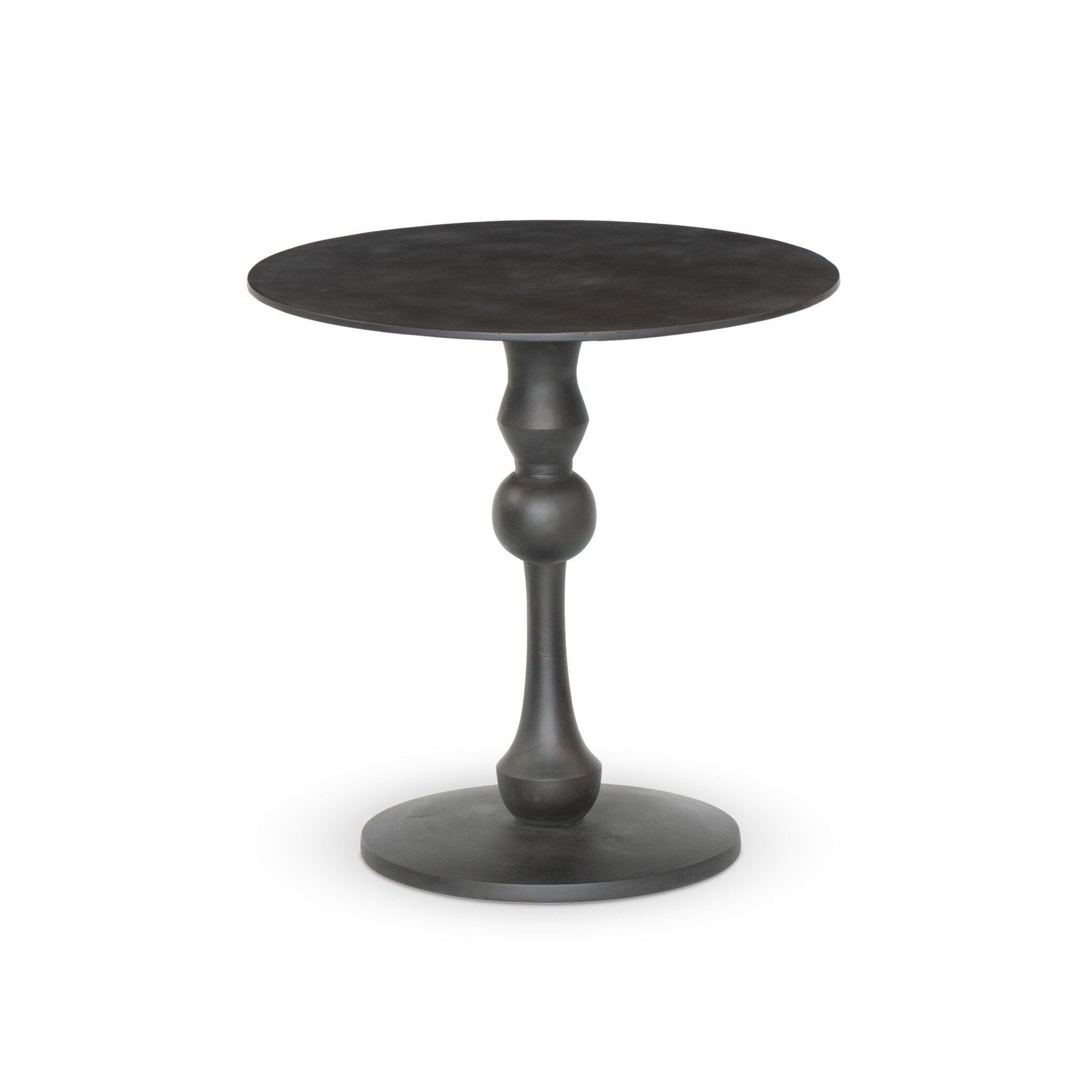 Antique black finished round end table with a geometric pedestal base on a white background. | Wildwood Home Co.