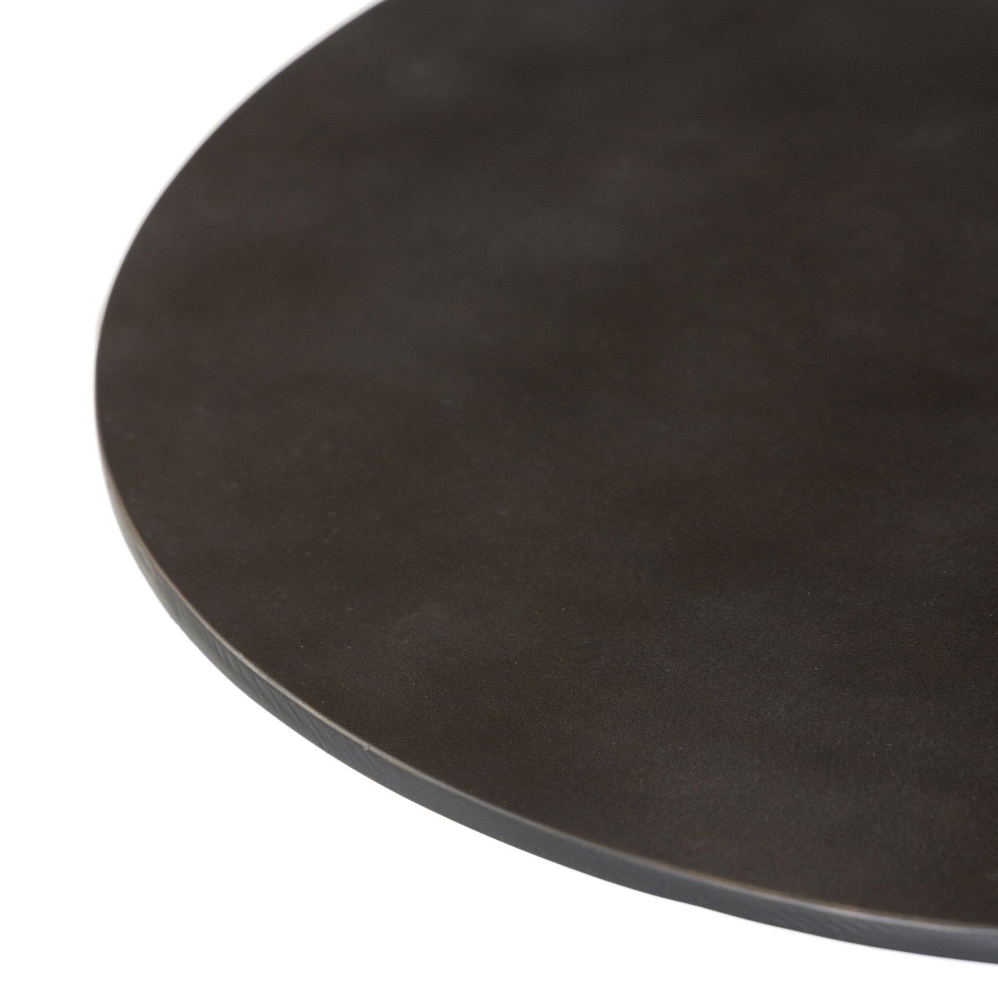 Close-up of a black round table surface showing its color and texture on a white background.