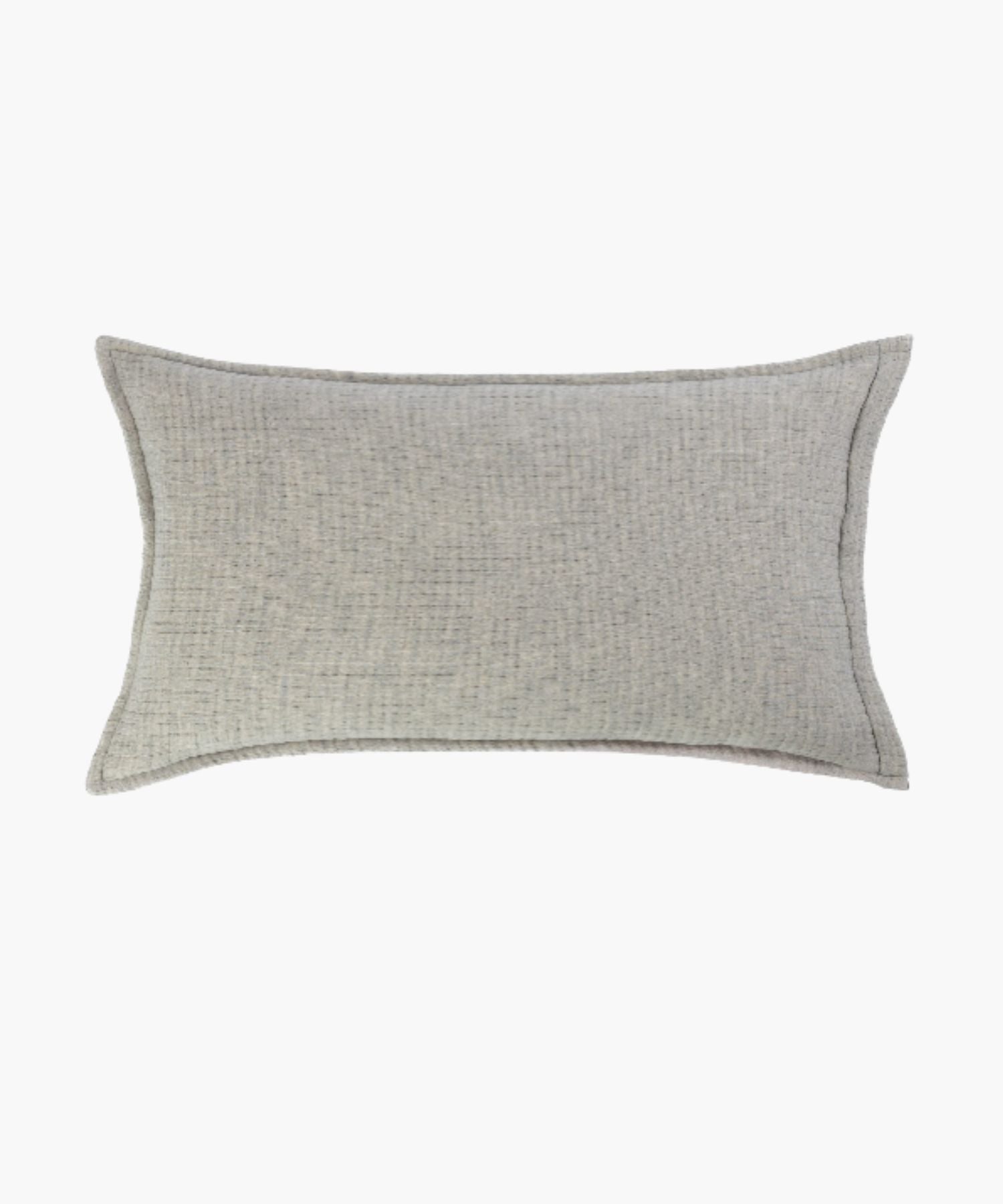 Rectangular gray textured pillow on a white background styled to highlight its weave texture.