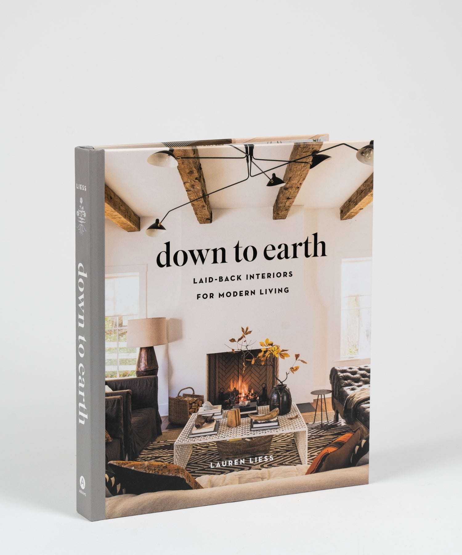 The cover of the book "Down to Earth" by Lauren Liess features a living room with a cozy fireplace, rustic wooden beams, a patterned rug, and modern furniture. The atmosphere is warm and inviting. | Wildwood Home Co.