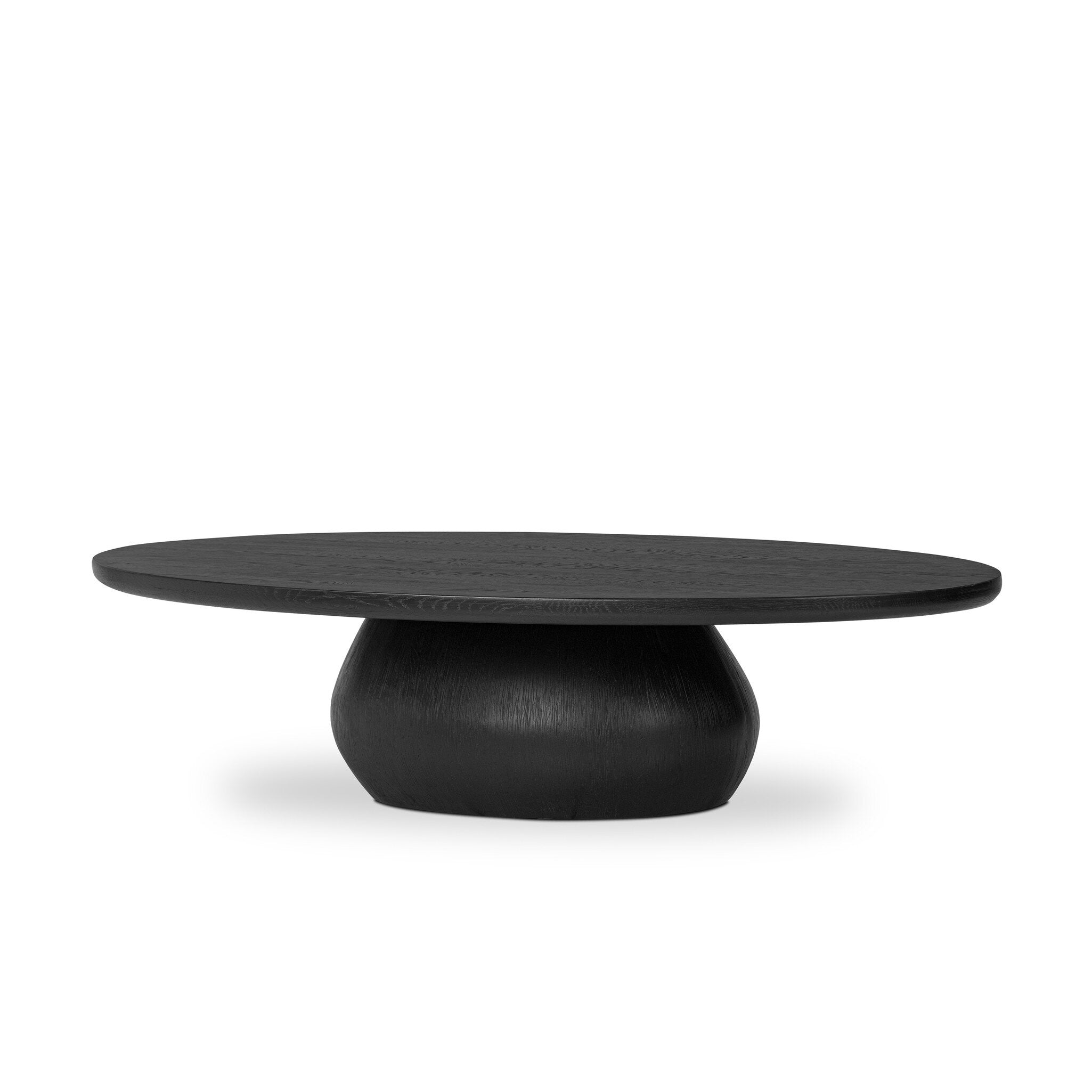 Black oval shaped coffee table on a white background.
