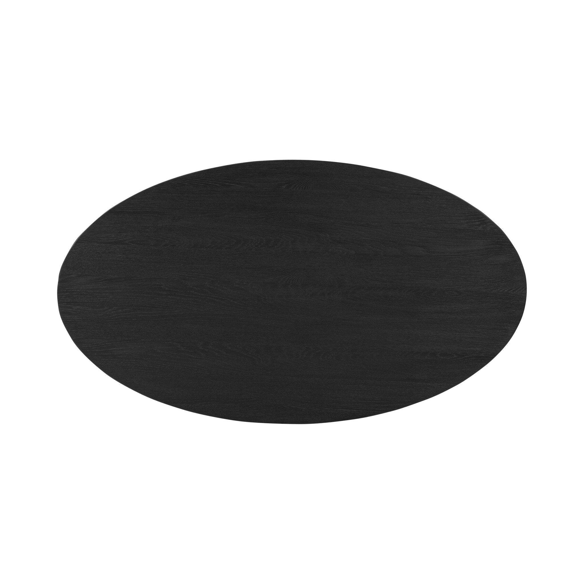 Overhead view of a black oval shaped coffee table on a white background.