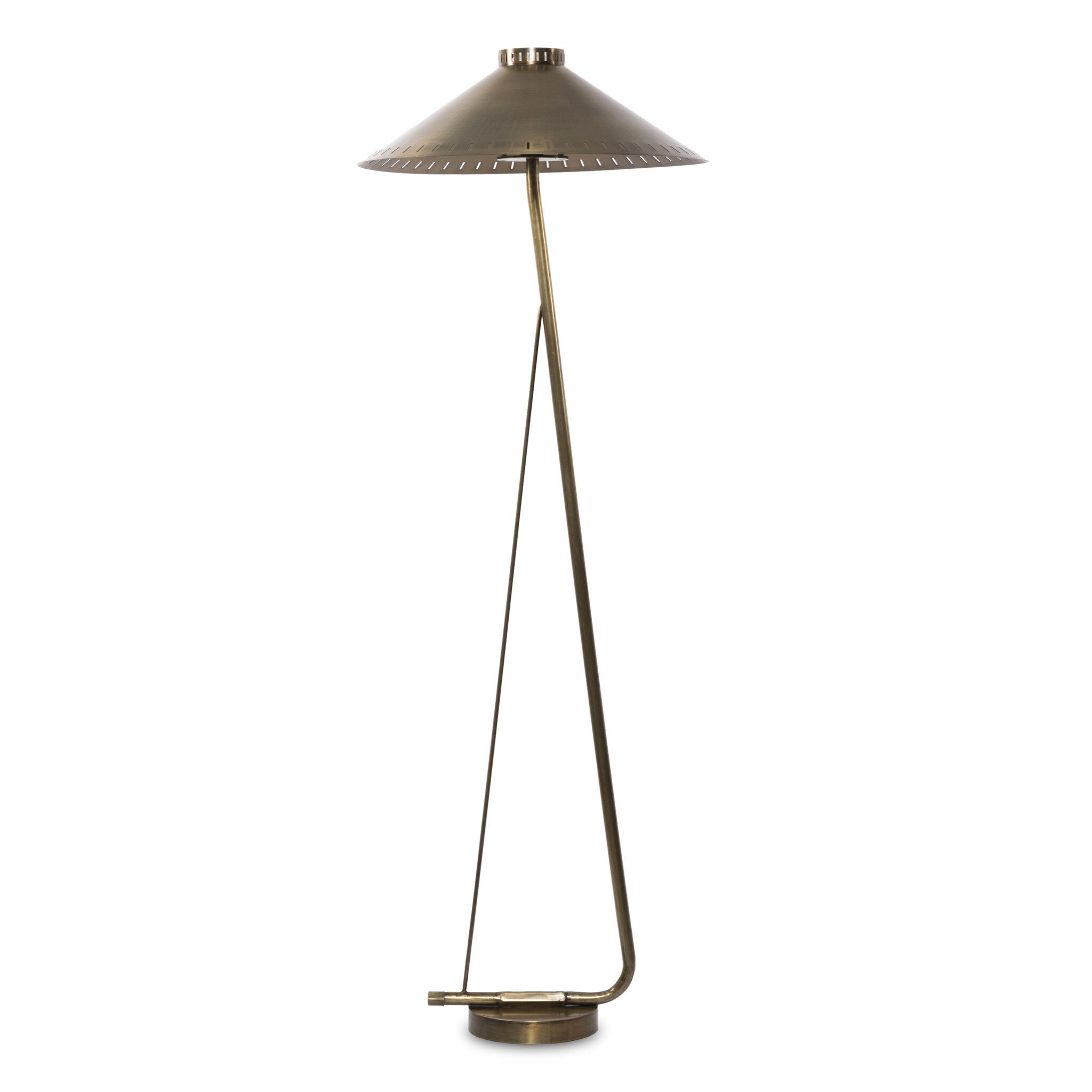 Tall floor lamp with a antique brass shade on a white background. | Wildwood Home Co.