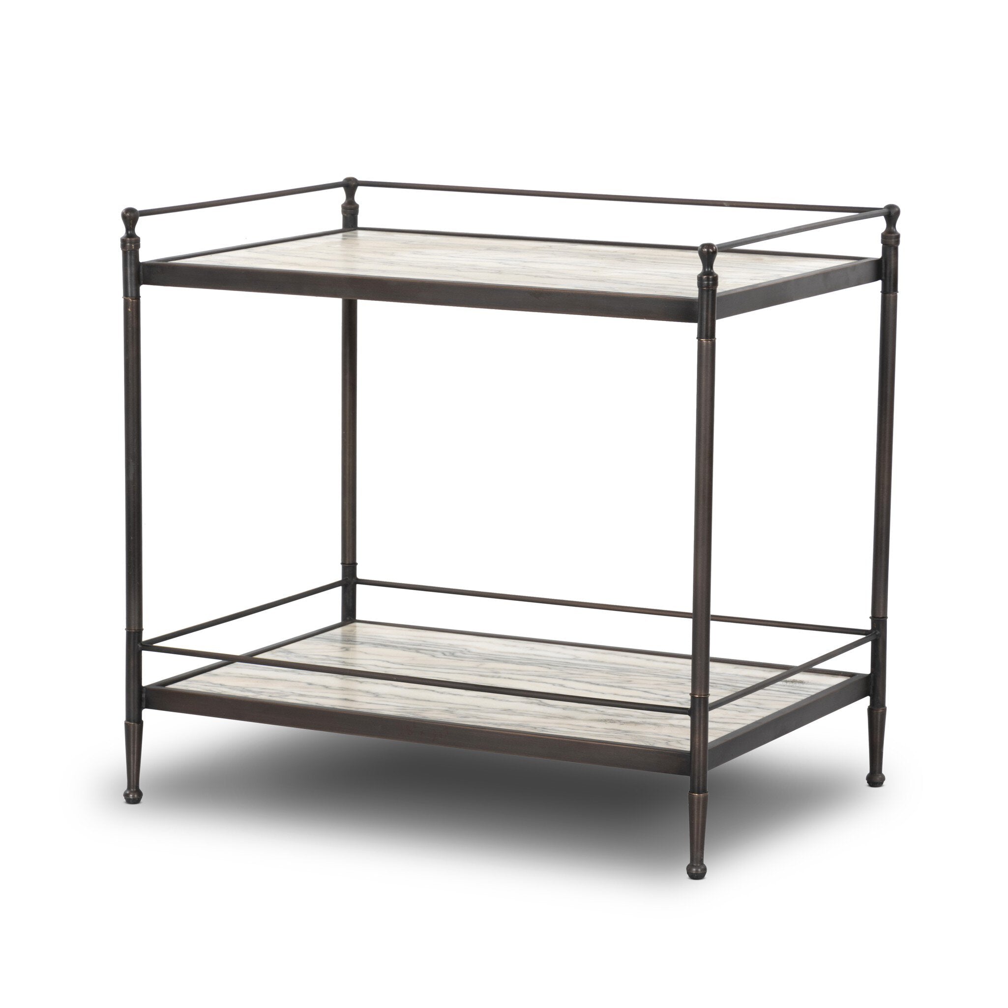 Two-tier metal nightstand with marble shelves.
