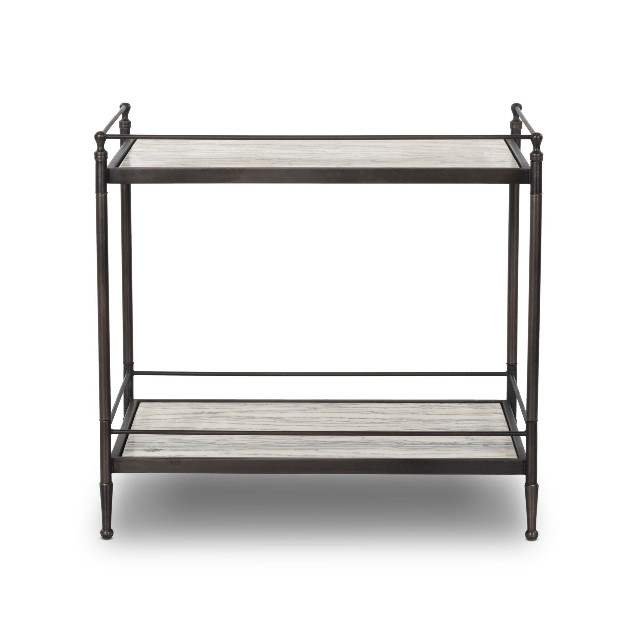 The back of a two-tier metal nightstand with marble shelves.
